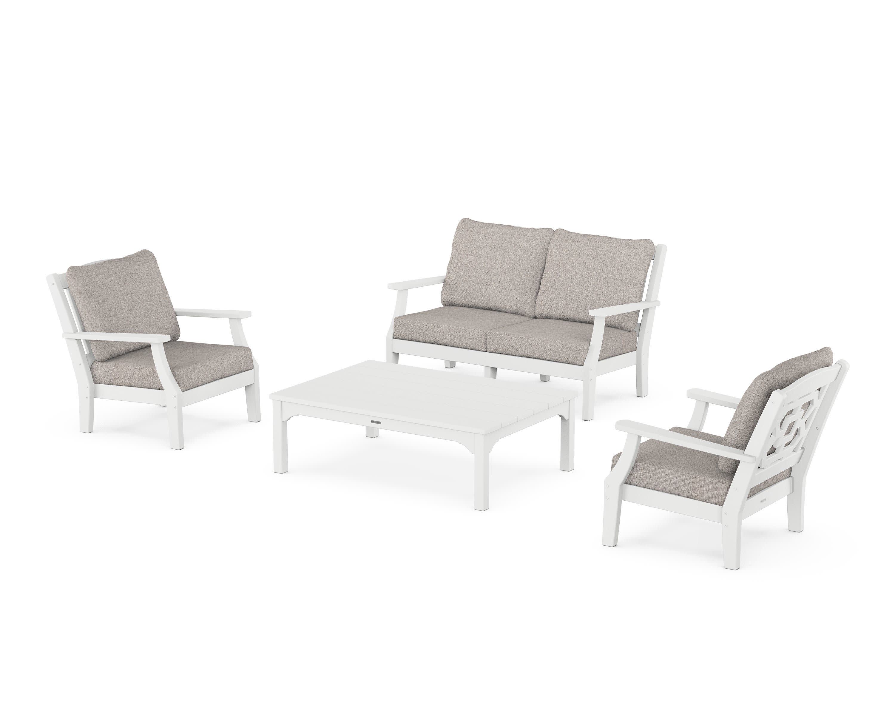 Chinoiserie 4-Piece Deep Seating Set with Loveseat in White / Weathered Tweed