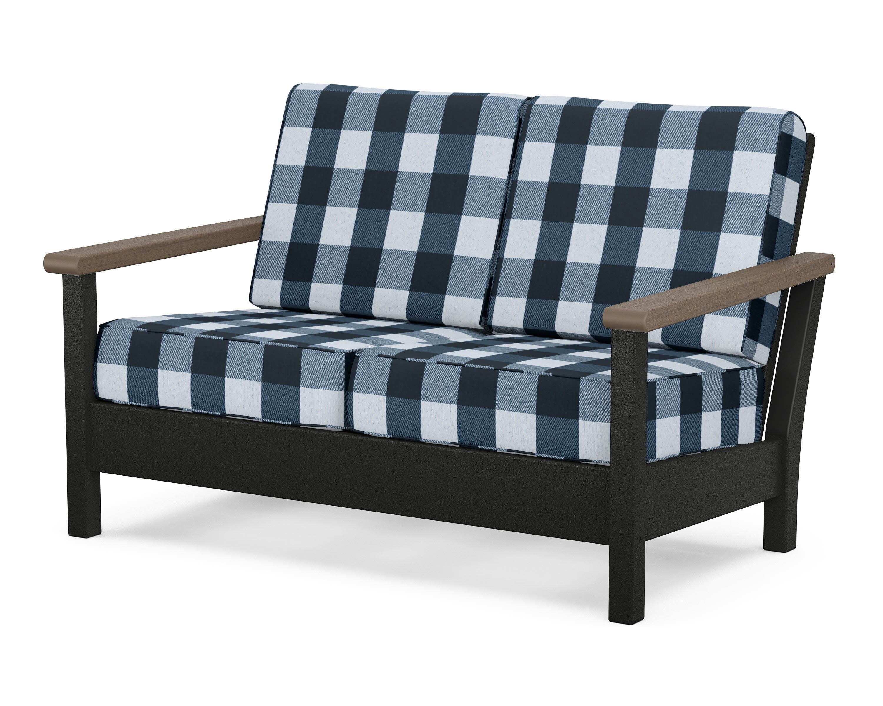 Harbour Deep Seating Loveseat in Black / Kona / Buffalo Plaid Marine Indigo