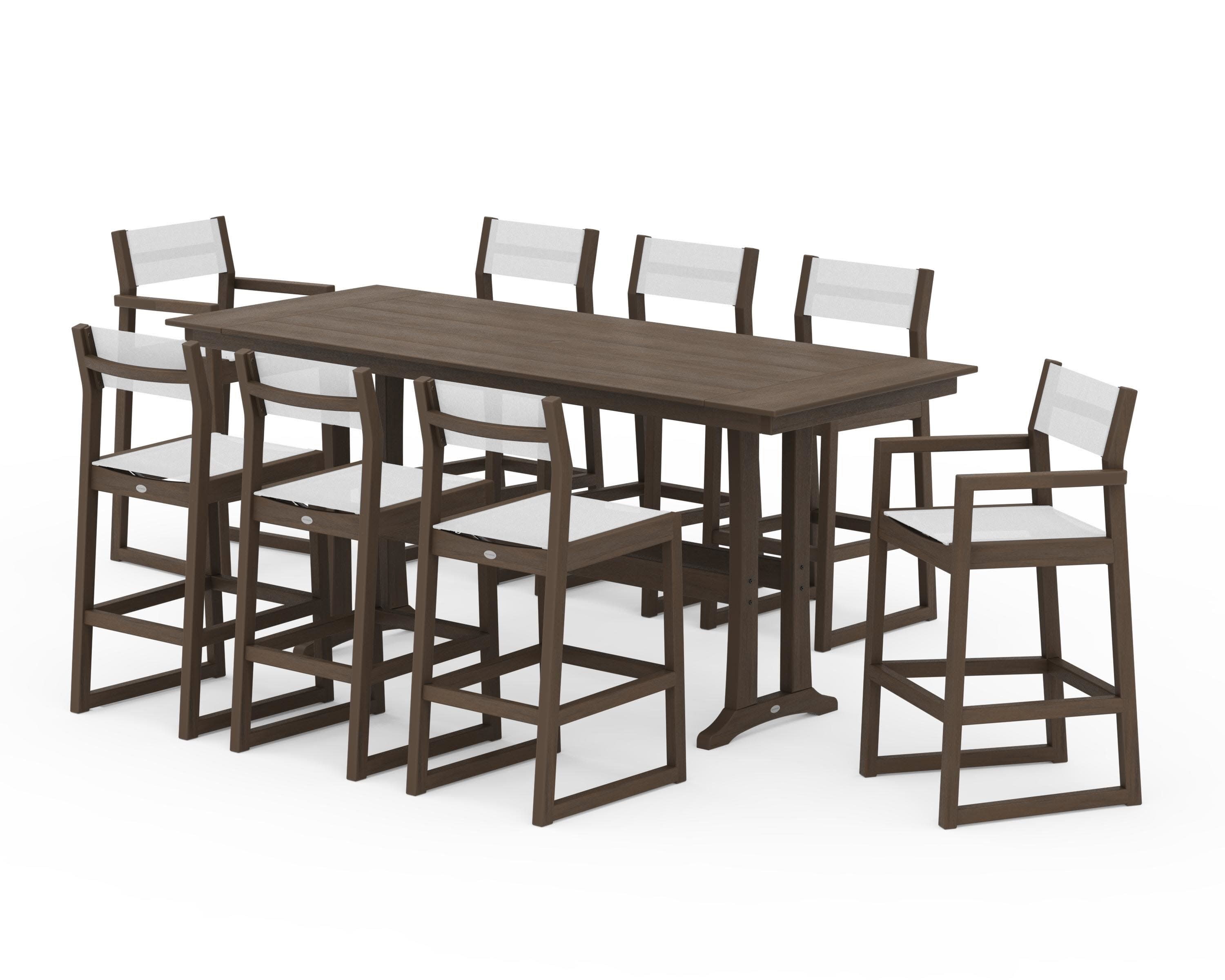 EDGE Sling 9-Piece Farmhouse Bar Set with Trestle Legs in Kona / White Sling
