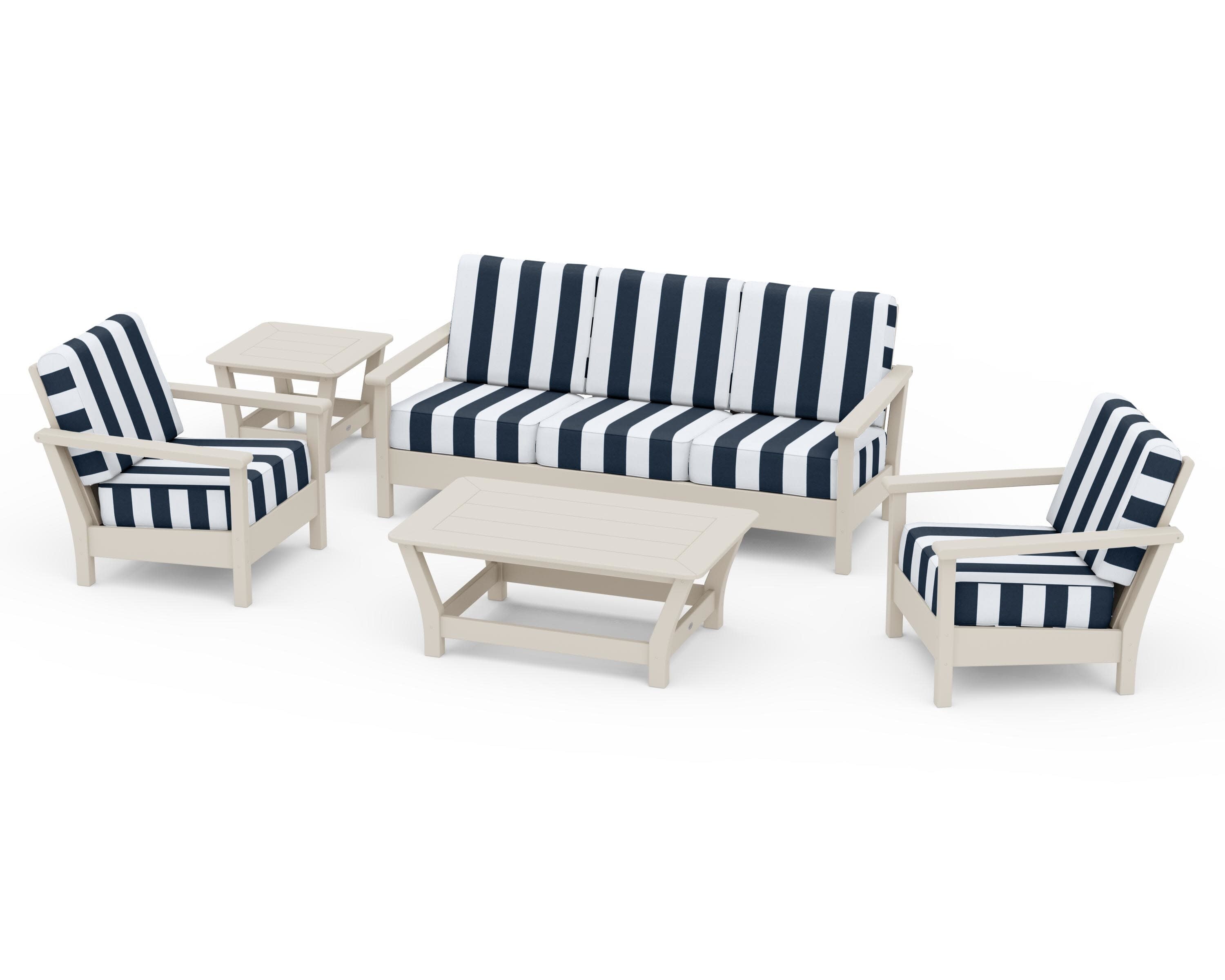 Harbour 5-Piece Deep Seating Set in Sand / Cabana Stripe Marine Indigo