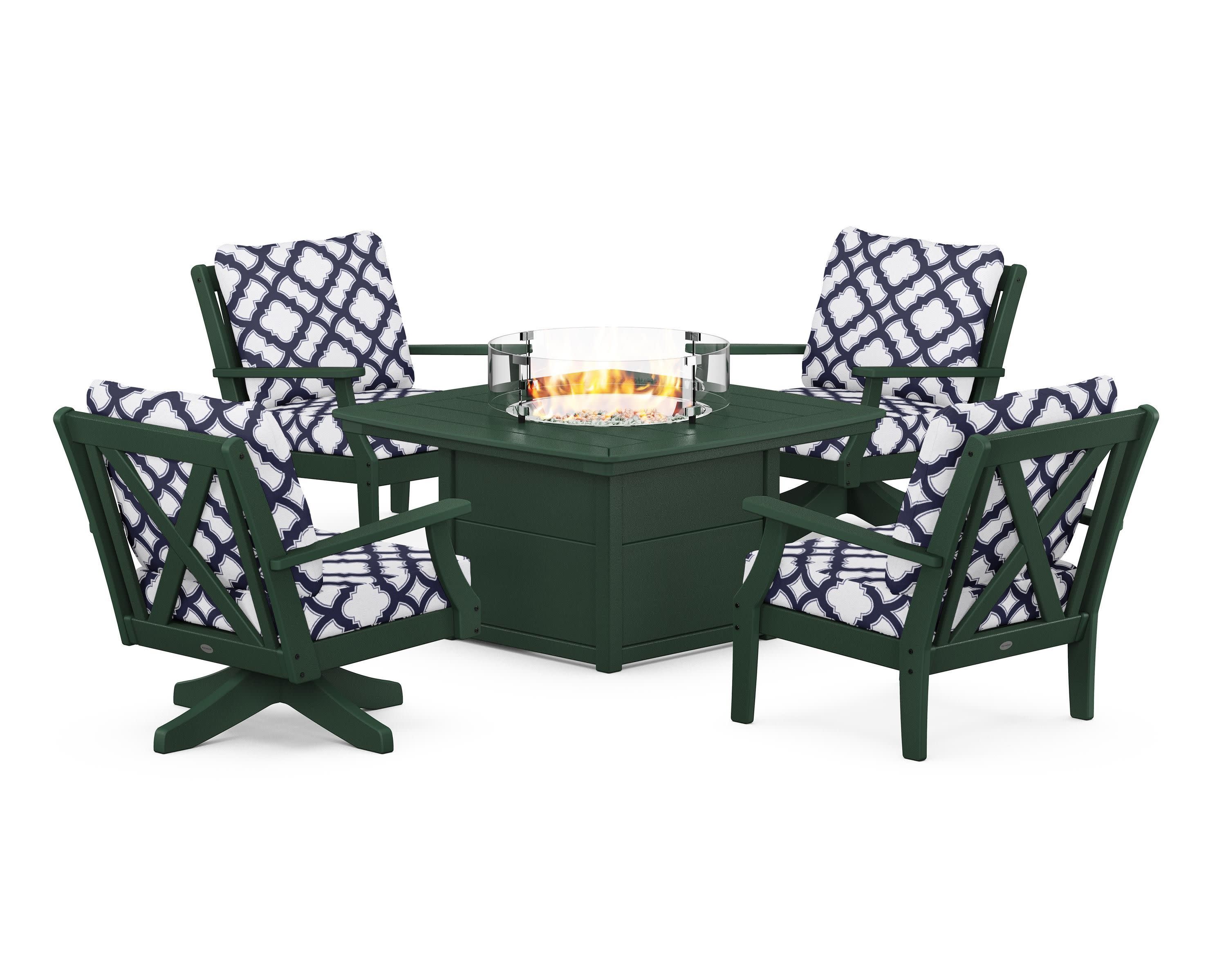 Braxton 5-Piece Deep Seating Set with Fire Table in Green / Trellis Navy