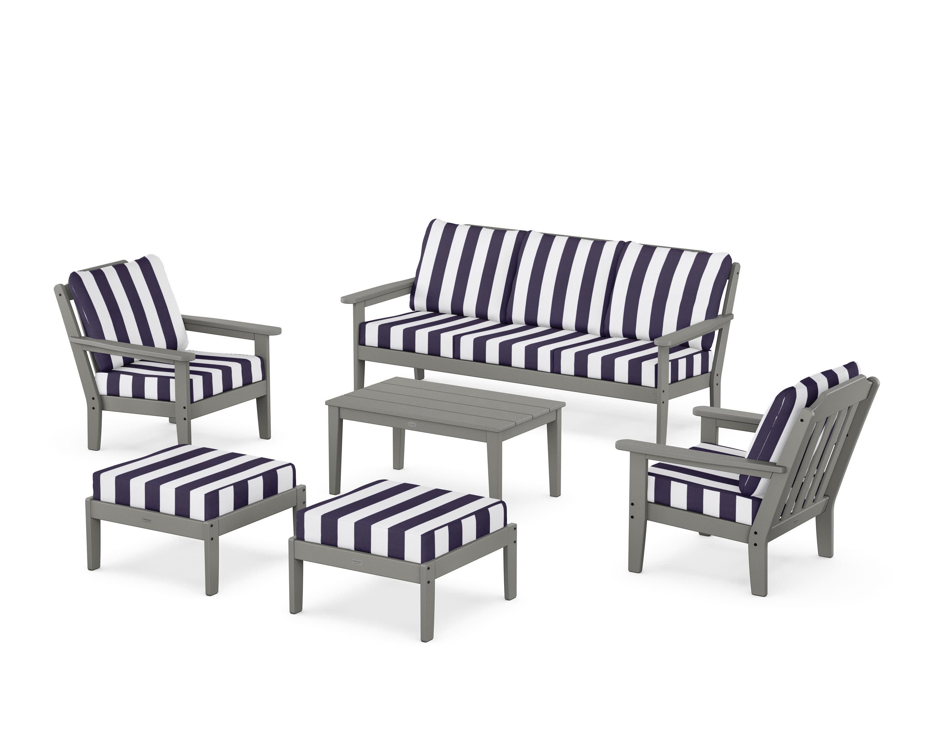 Cottage 6-Piece Lounge Sofa Set in Slate Grey / Cabana Stripe Navy