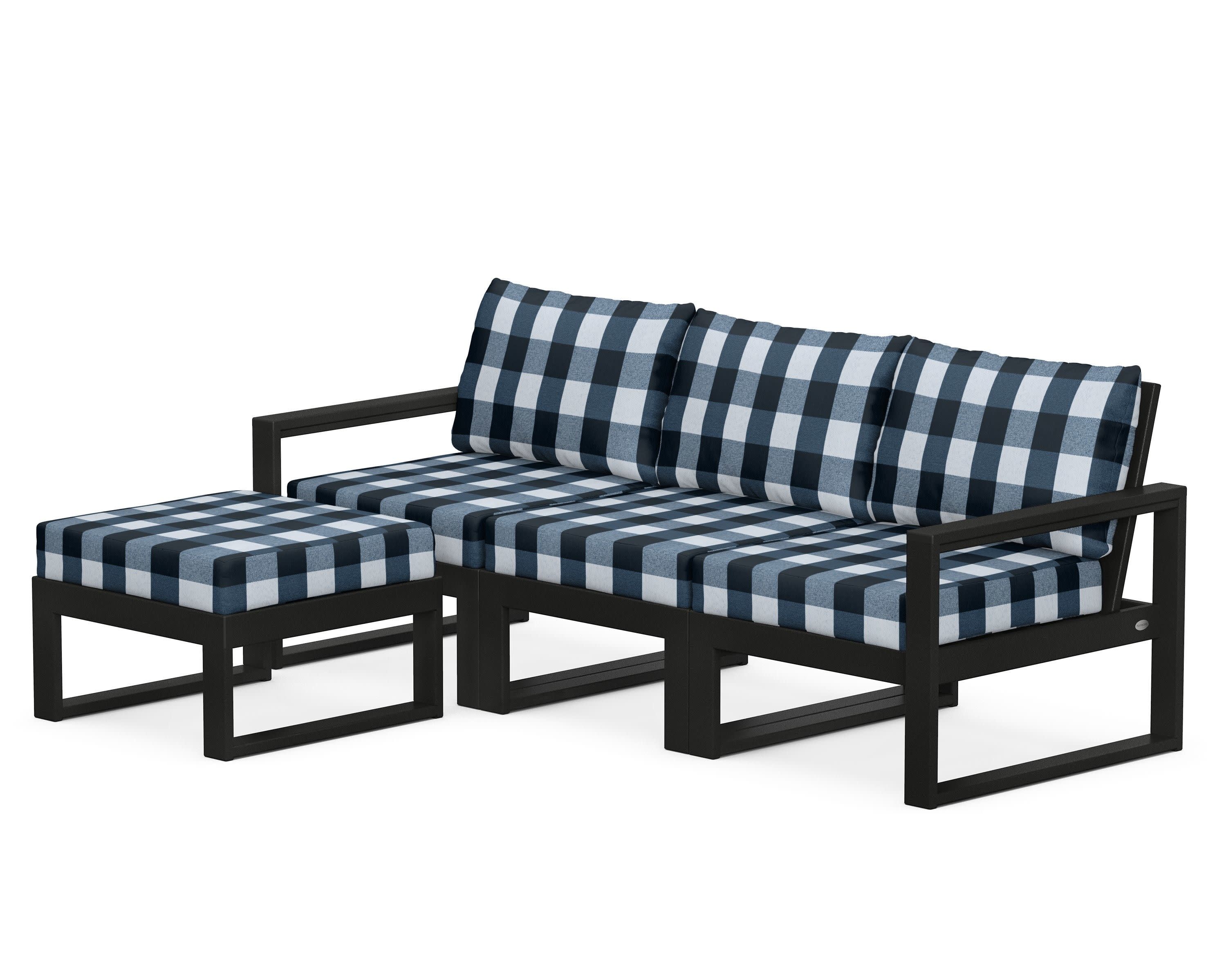 EDGE 4-Piece Modular Deep Seating Set with Ottoman in Black / Buffalo Plaid Marine Indigo
