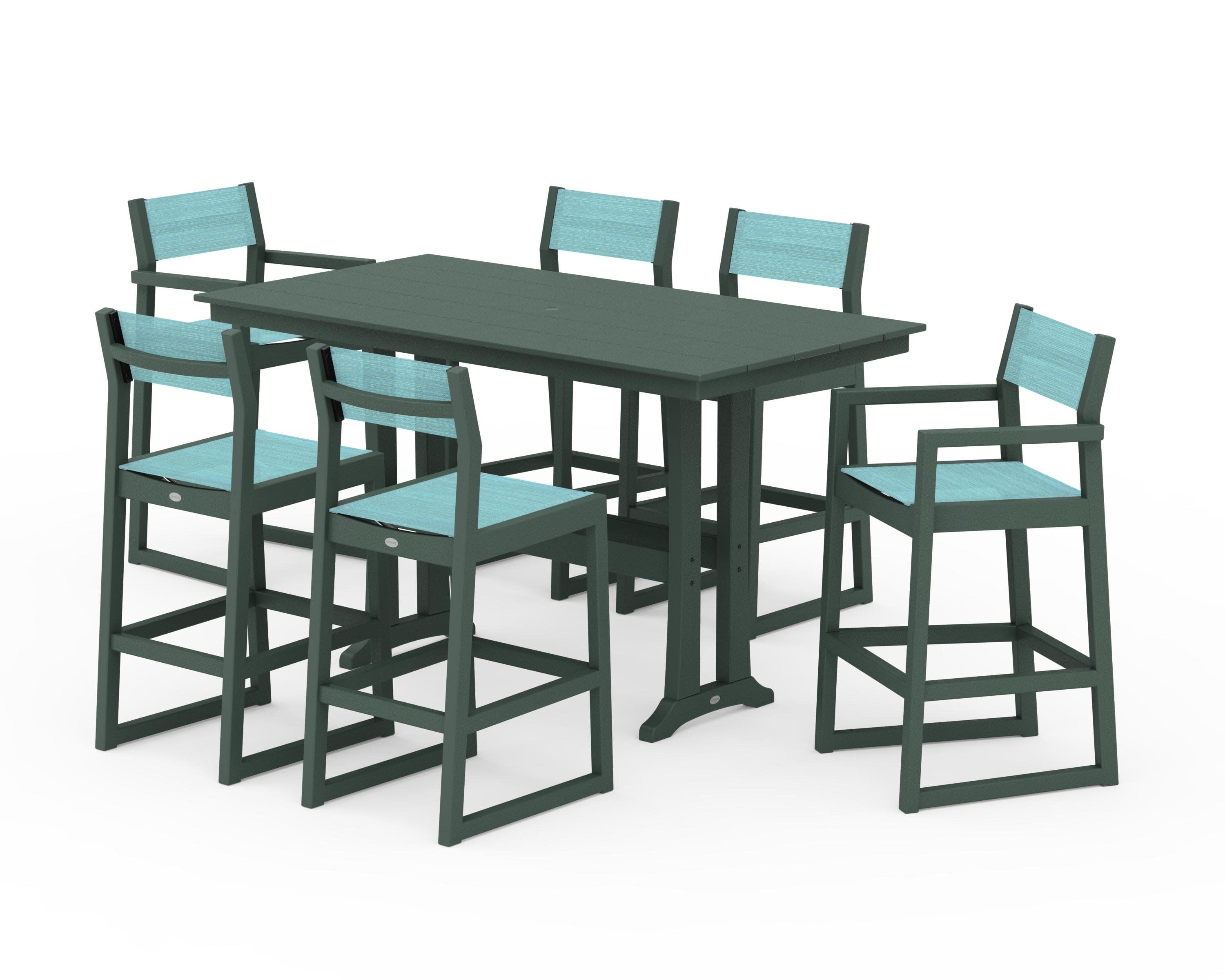 EDGE Sling 7-Piece Farmhouse Bar Set with Trestle Legs in Green / Dupioni Aquamarine Sling
