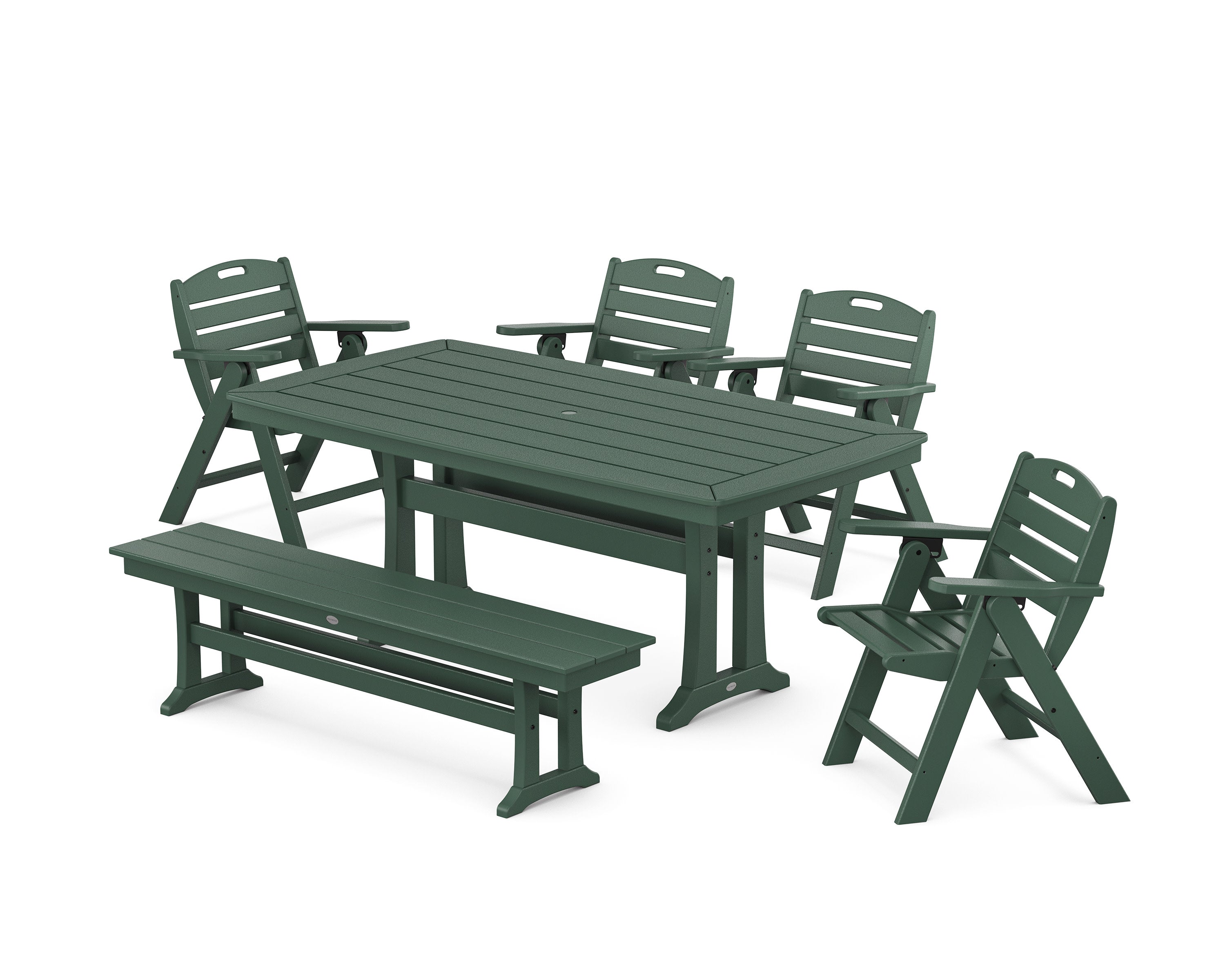 Nautical Lowback 6-Piece Dining Set with Trestle Legs and Bench in Green