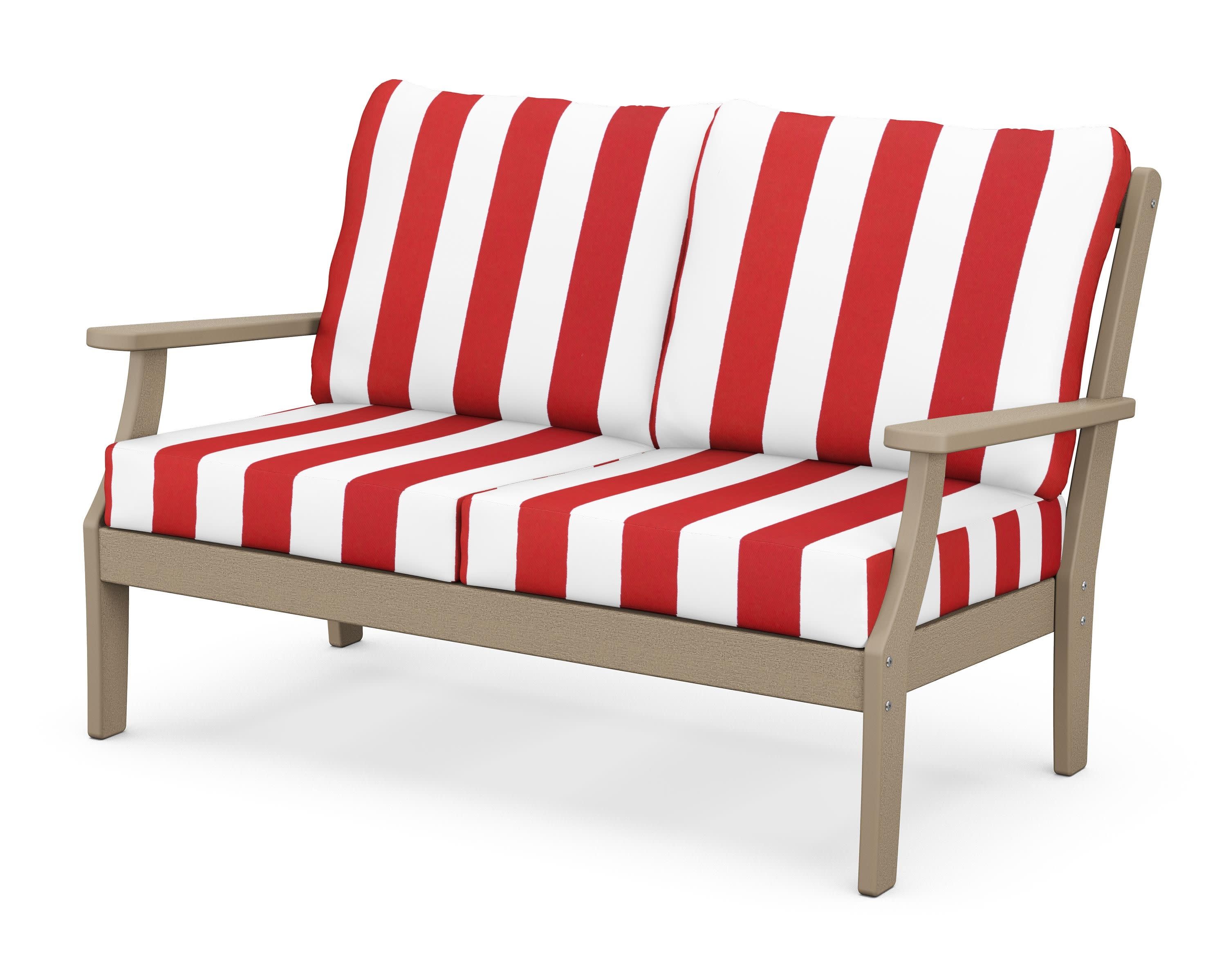 Braxton Deep Seating Loveseat in Vintage Sahara / Cabana Stripe Crimson