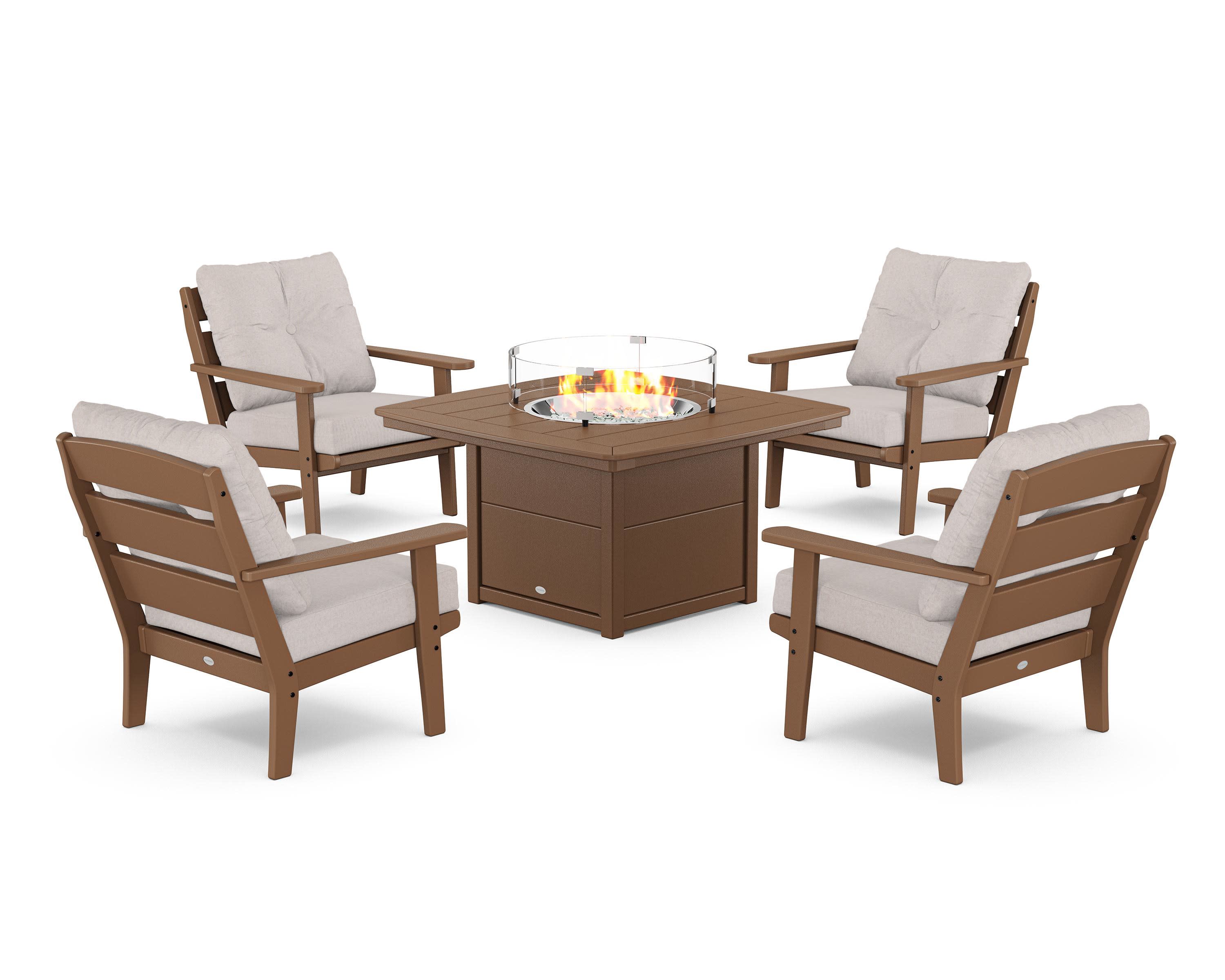 Lakeside 5-Piece Deep Seating Set with Nautical Fire Pit Table in Teak / Dune Burlap