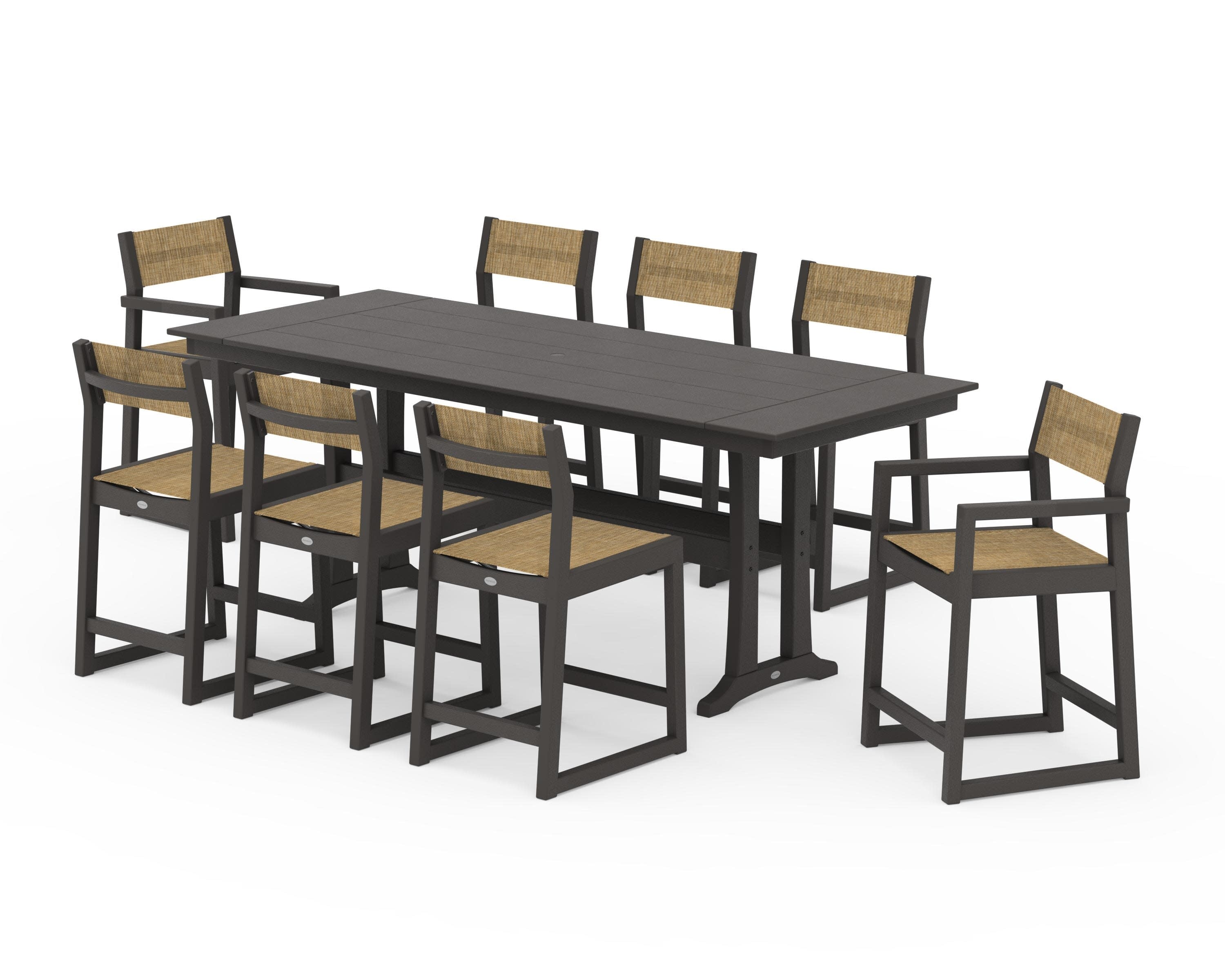 EDGE Sling 9-Piece Farmhouse Counter Set with Trestle Legs in Vintage Coffee / Burlap Sling