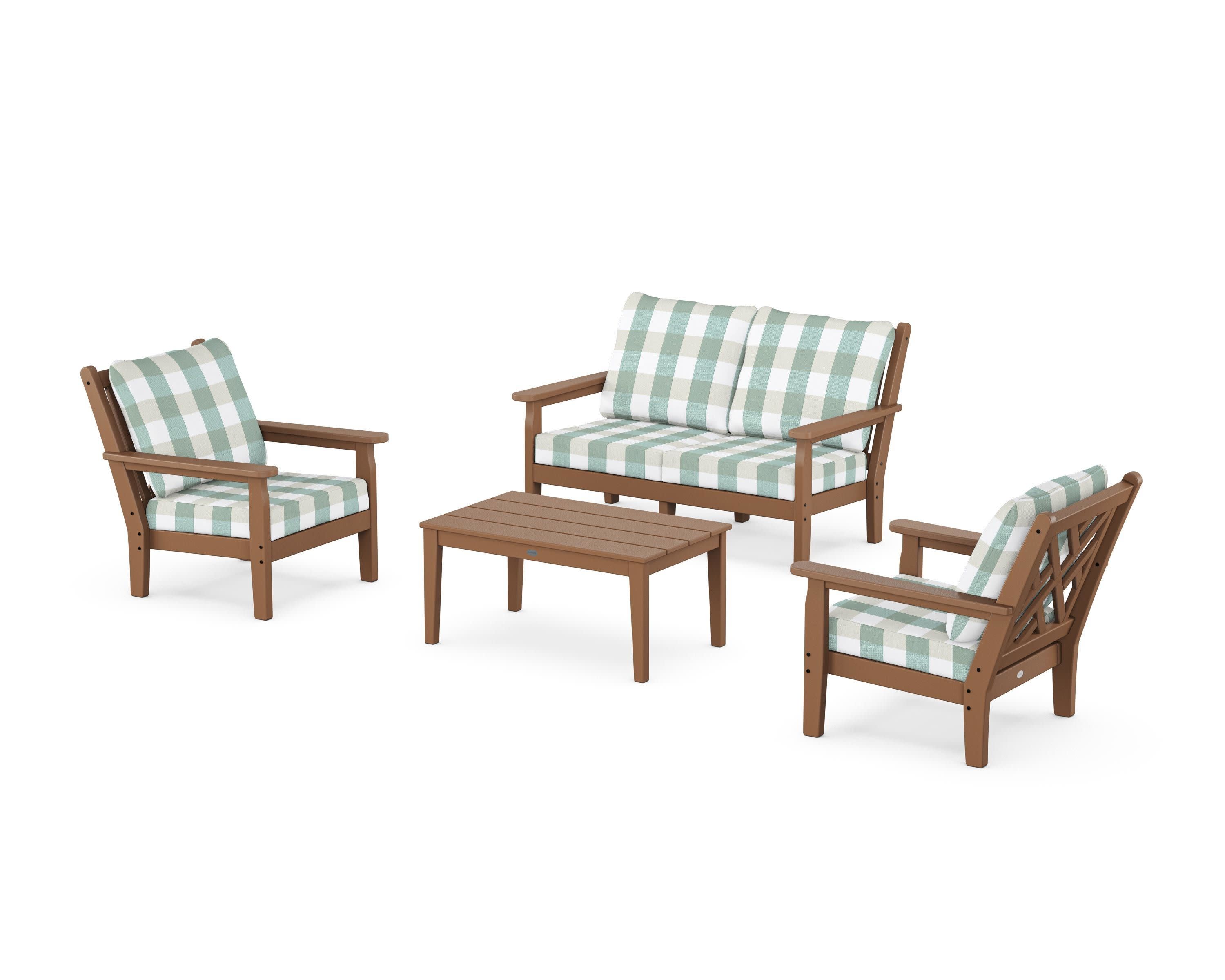 Chippendale 4-Piece Deep Seating Set with Loveseat in Teak / Buffalo Plaid Glacier Spa