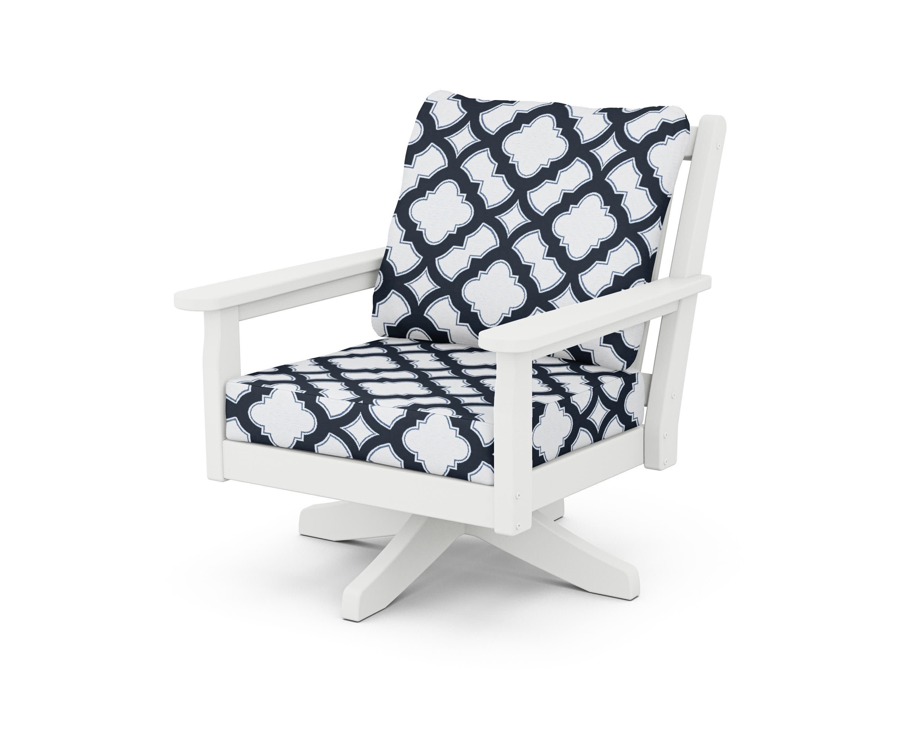 Chippendale Deep Seating Swivel Chair in White / Trellis Marine Indigo