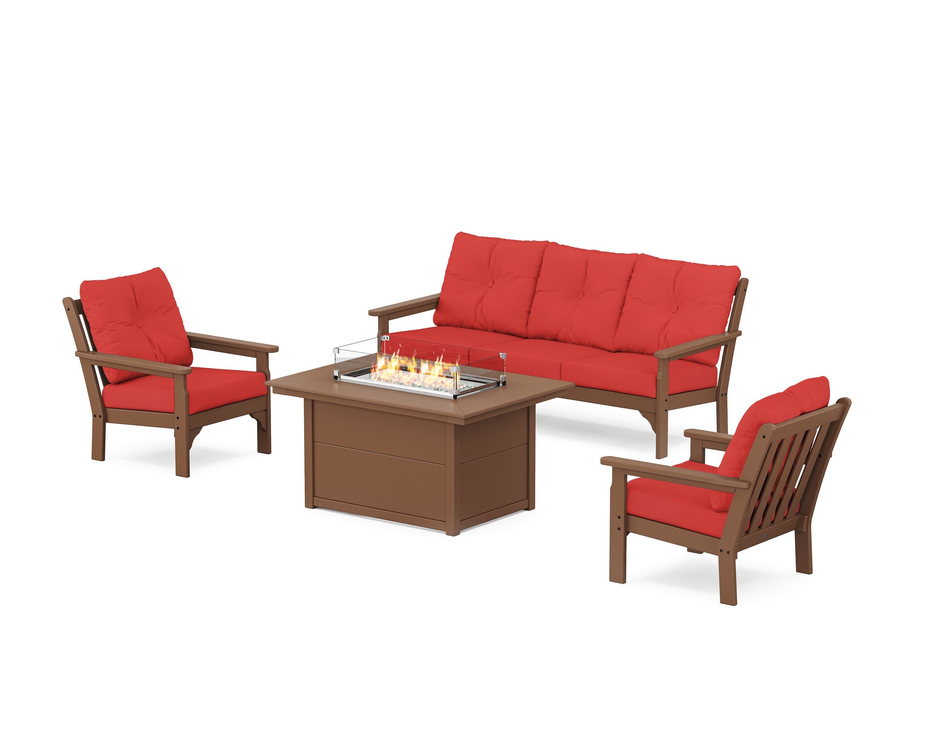 Vineyard Deep Seating Fire Pit Table Set in Teak / Crimson Linen