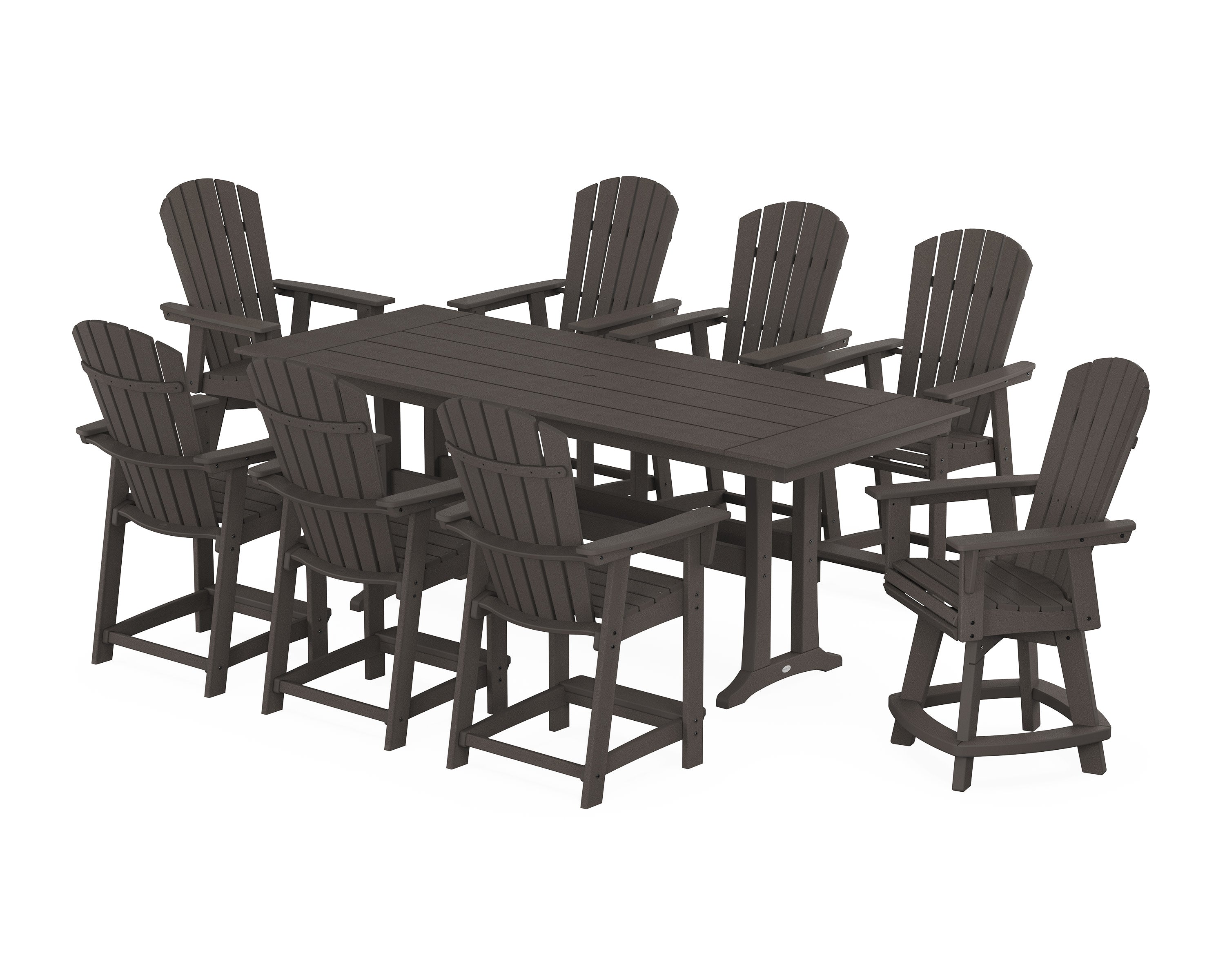 Nautical Curveback Adirondack Swivel Chair 9-Piece Farmhouse Counter Set with Trestle Legs in Vintage Coffee