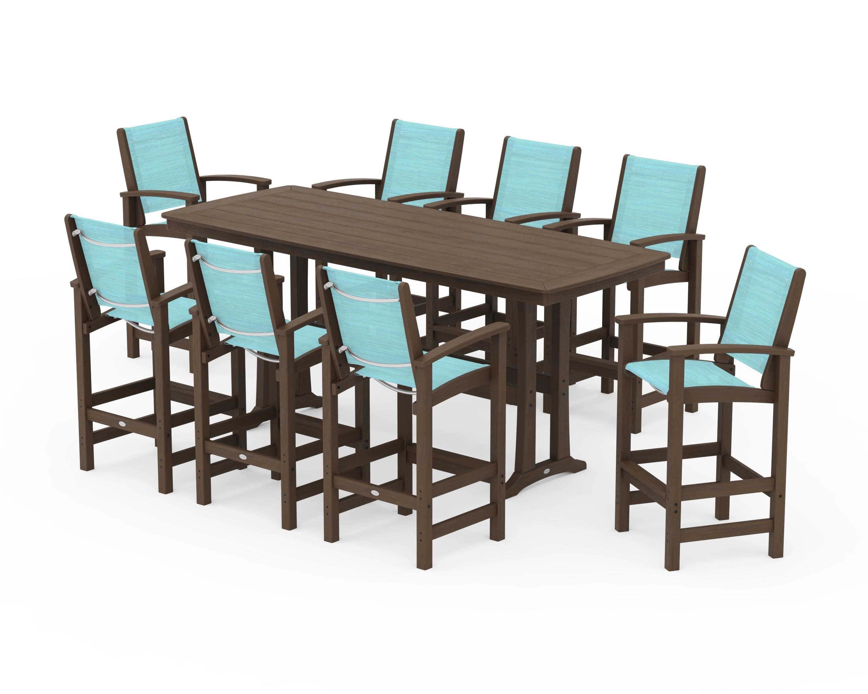 Coastal 9-Piece Bar Set with Trestle Legs in Kona / Dupioni Aquamarine Sling
