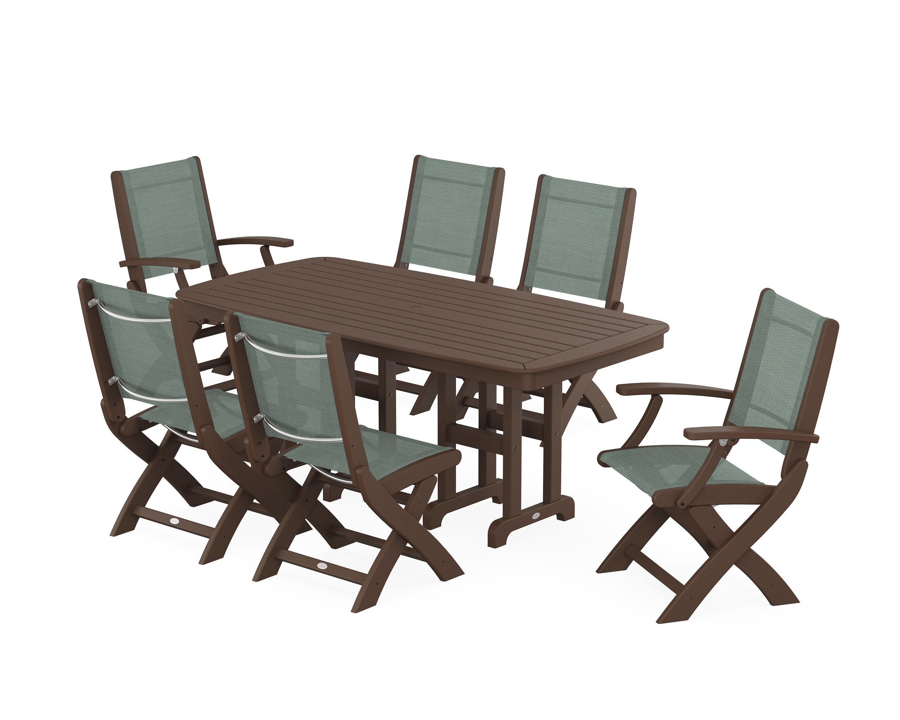 Coastal Folding Chair 7-Piece Dining Set in Mahogany / Dupioni Sea Mist Sling