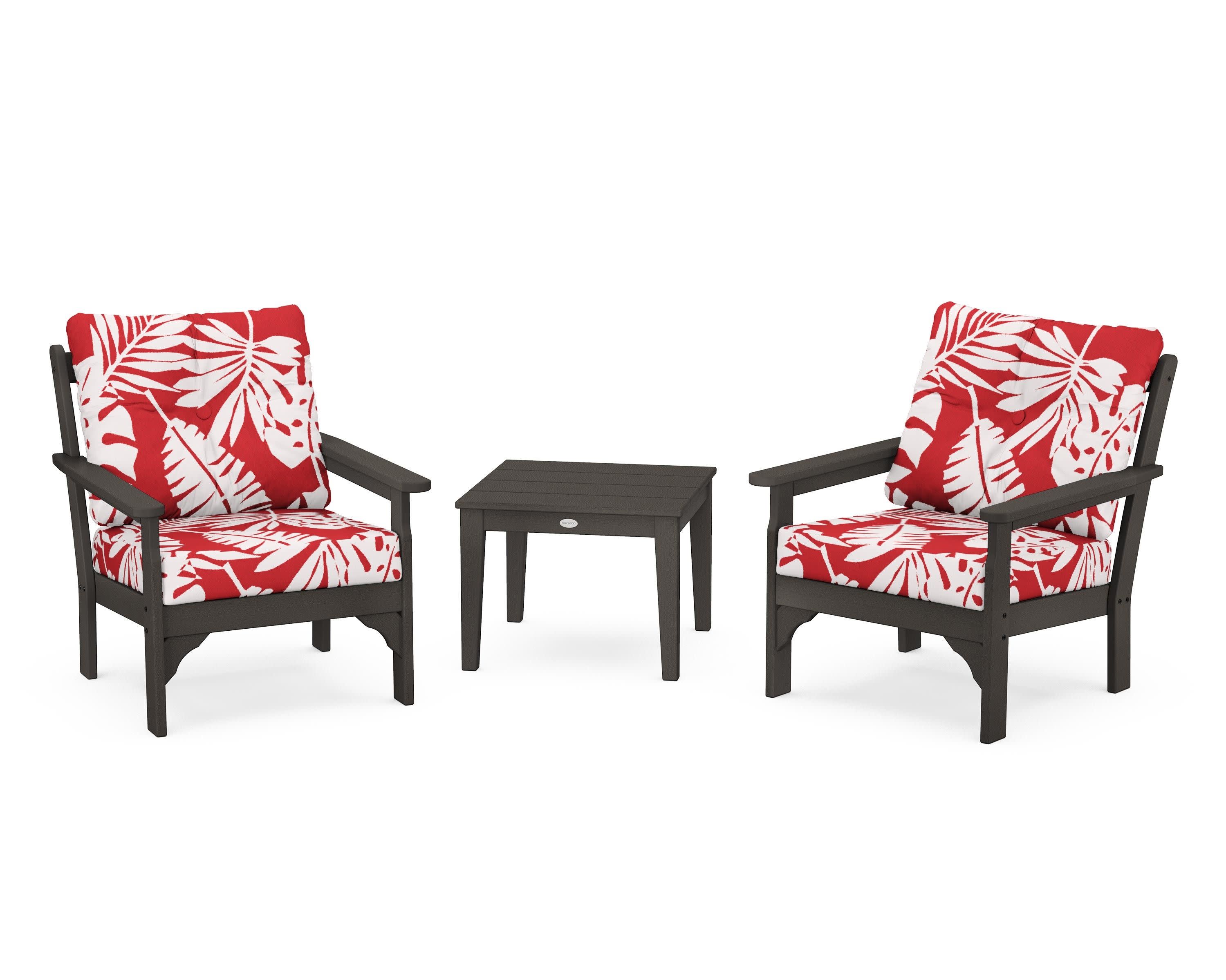 Vineyard 3-Piece Deep Seating Set in Vintage Coffee / Leaf Crimson