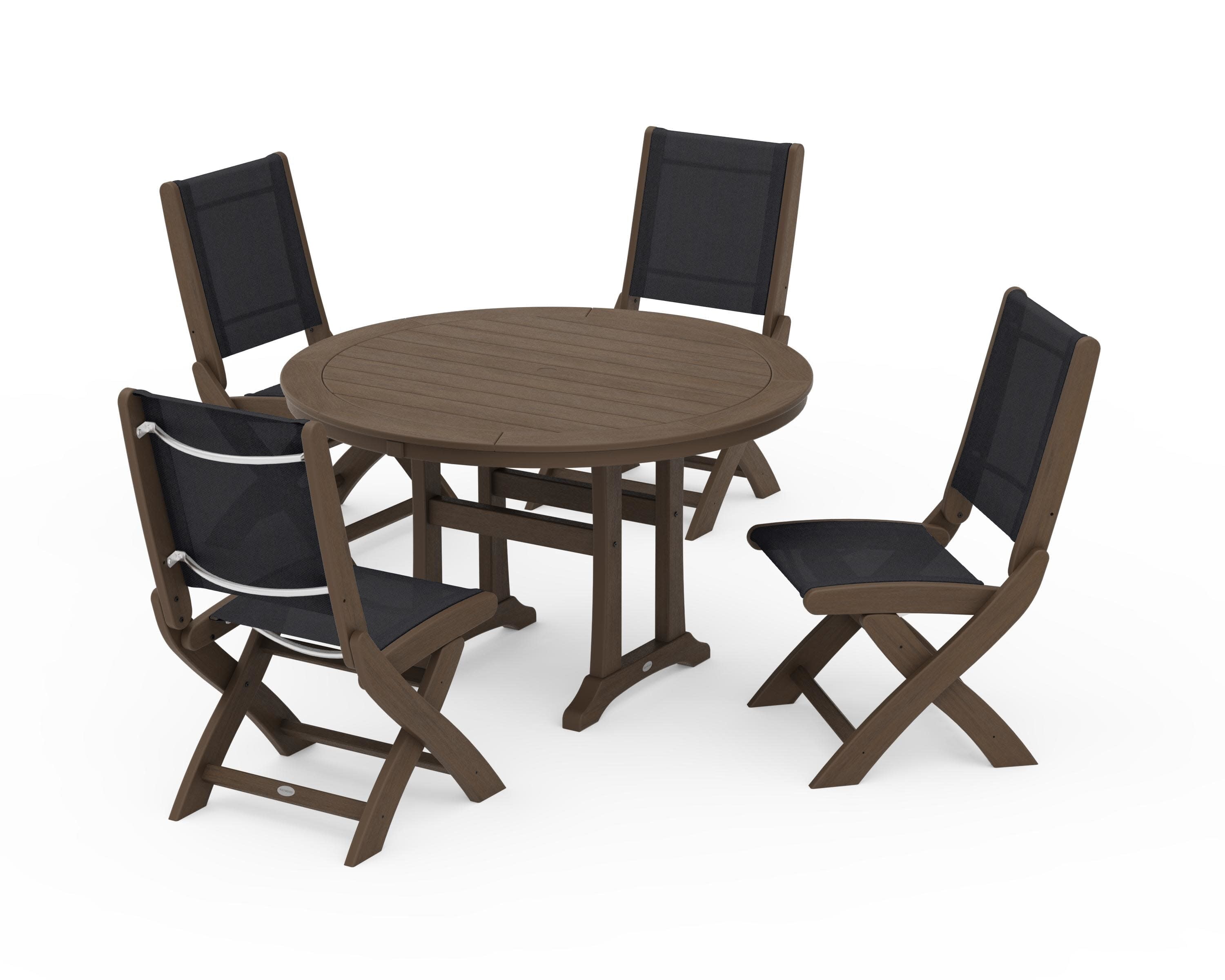 Coastal Folding Side Chair 5-Piece Round Dining Set With Trestle Legs in Kona / Black Sling
