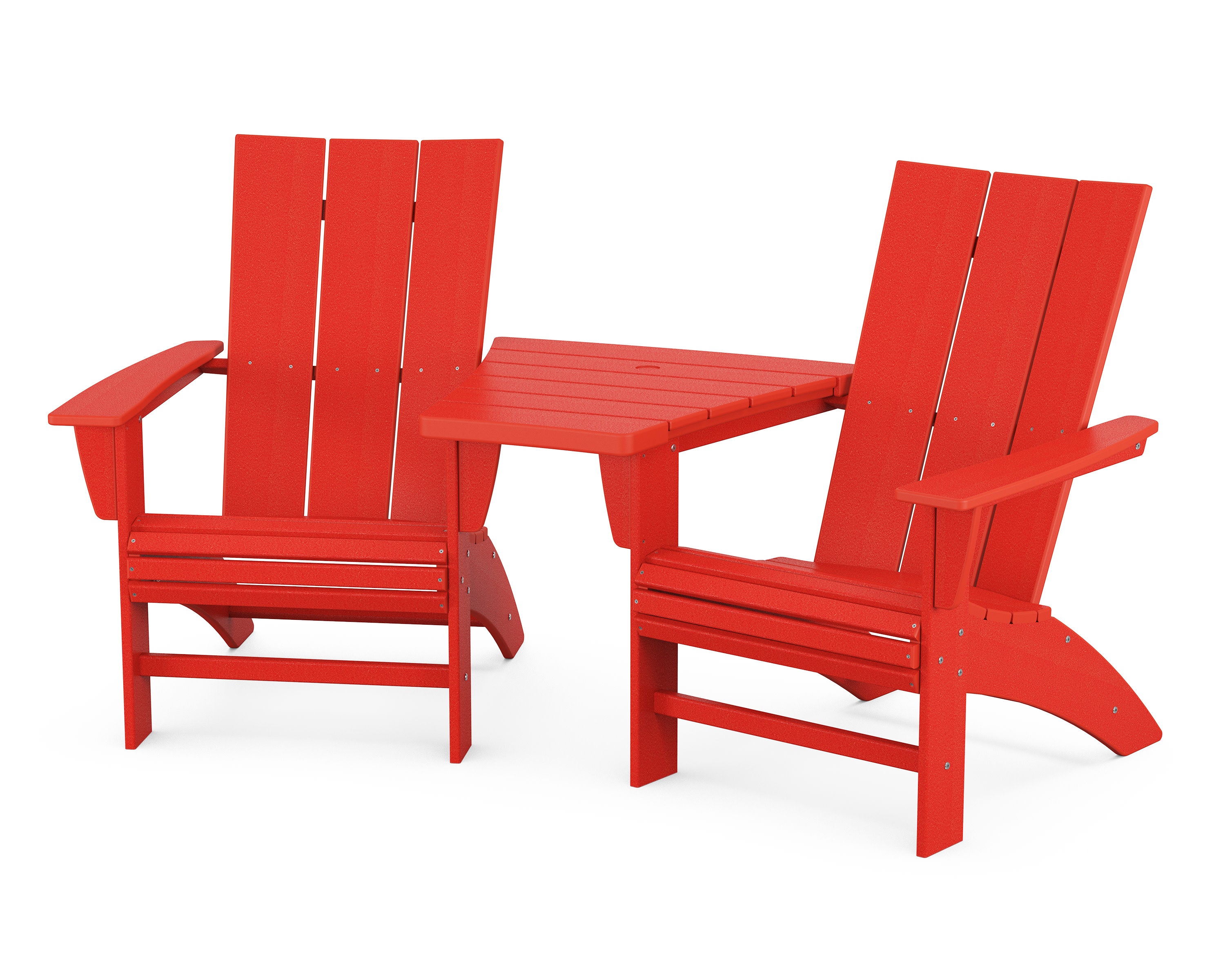 Modern 3-Piece Curveback Adirondack Set with Angled Connecting Table in Sunset Red