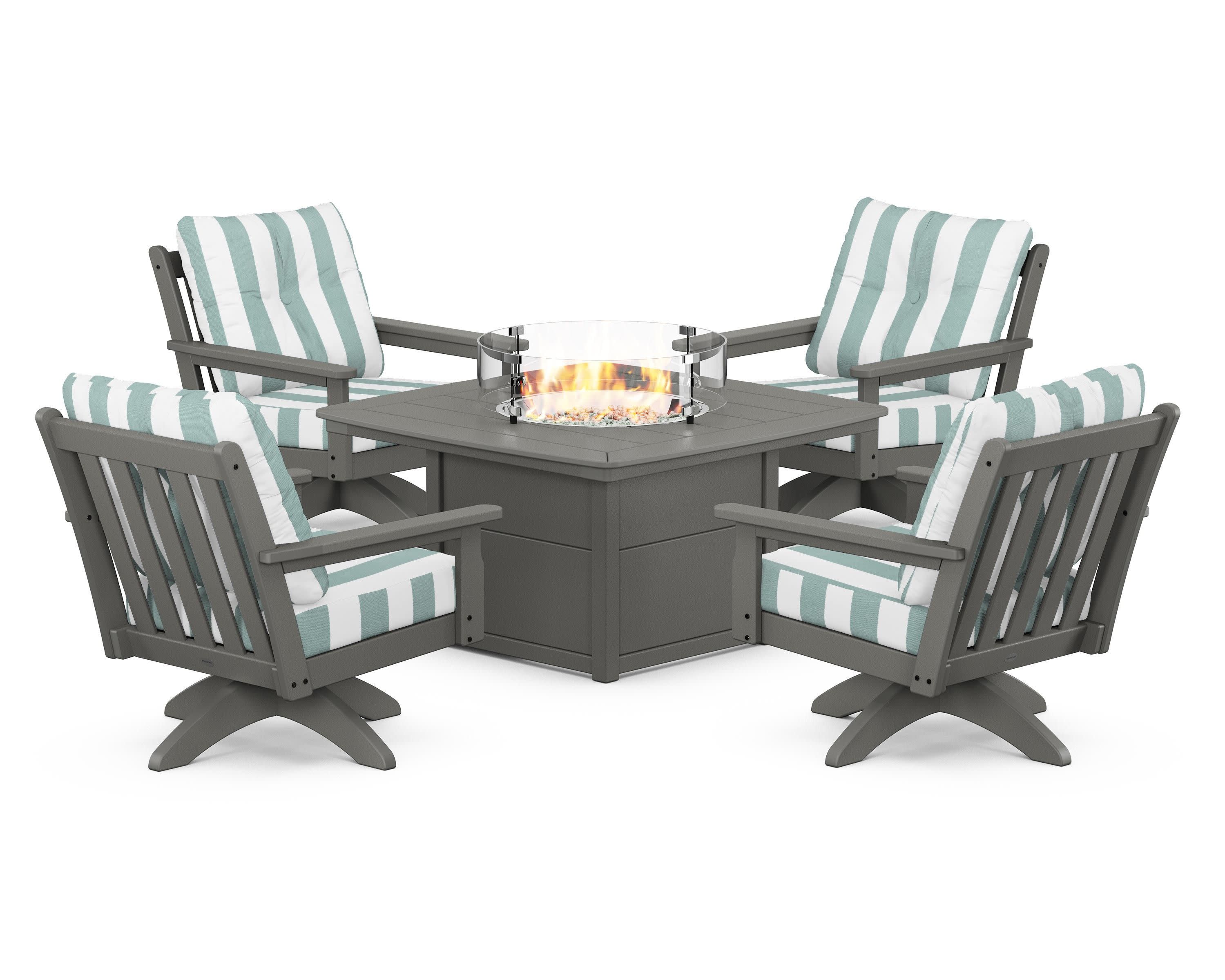 Vineyard 5-Piece Deep Seating Swivel Conversation Set with Fire Pit Table in Slate Grey / Cabana Stripe Glacier Spa