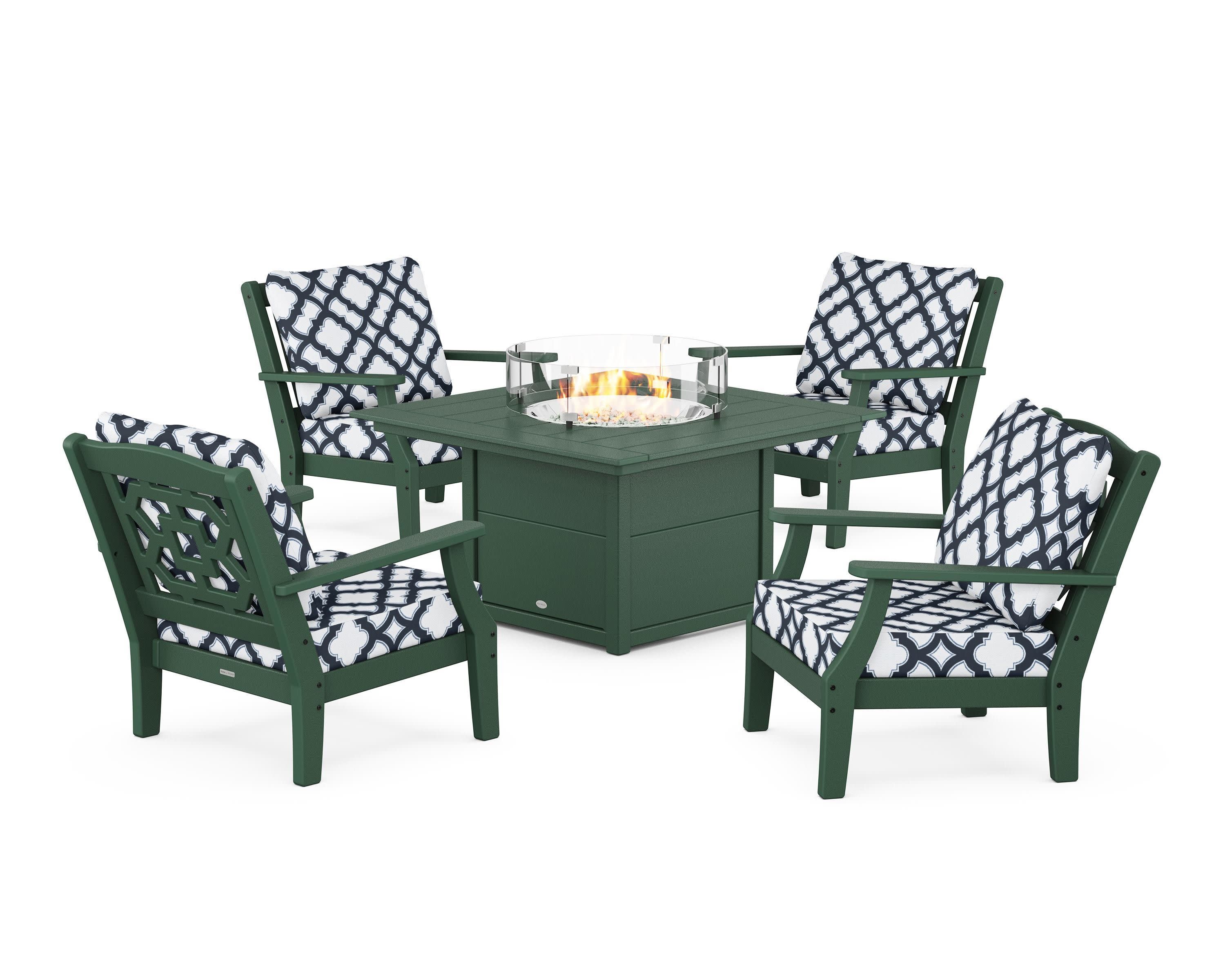 Chinoiserie 5-Piece Deep Seating Set with Fire Pit Table in Green / Trellis Marine Indigo