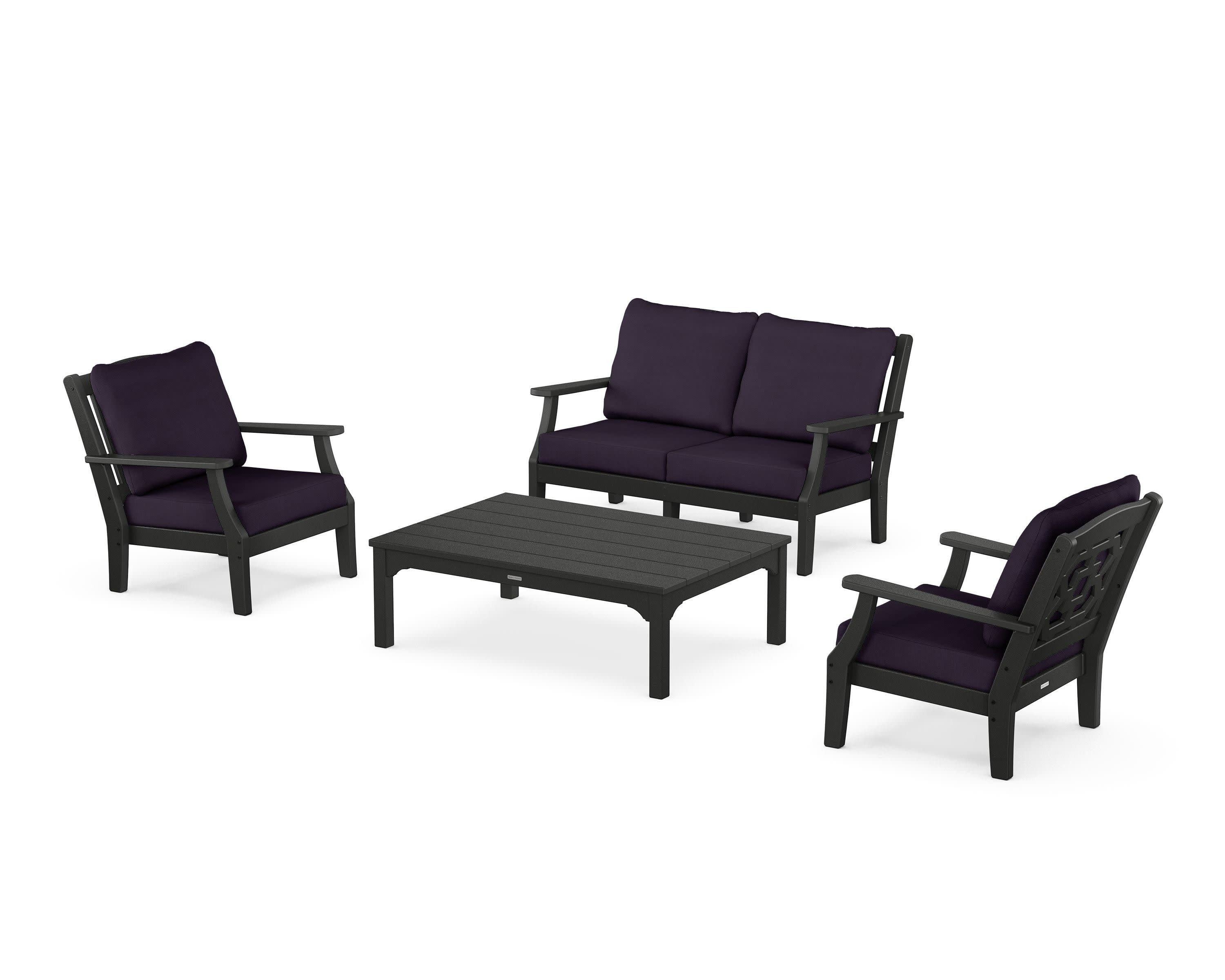 Chinoiserie 4-Piece Deep Seating Set with Loveseat in Black / Navy Linen