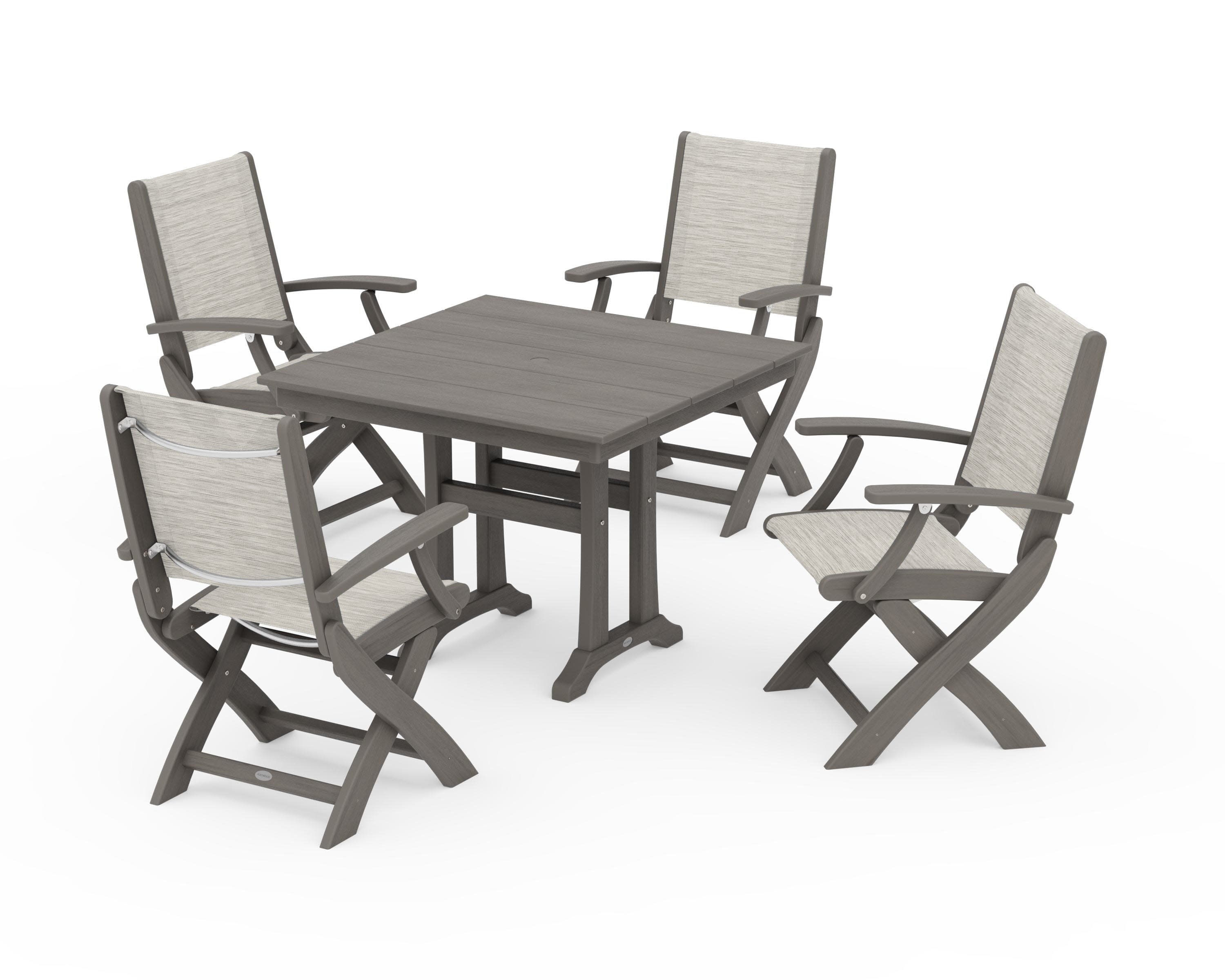 Coastal Folding Chair 5-Piece Farmhouse Dining Set With Trestle Legs in Driftwood / Birch Sling