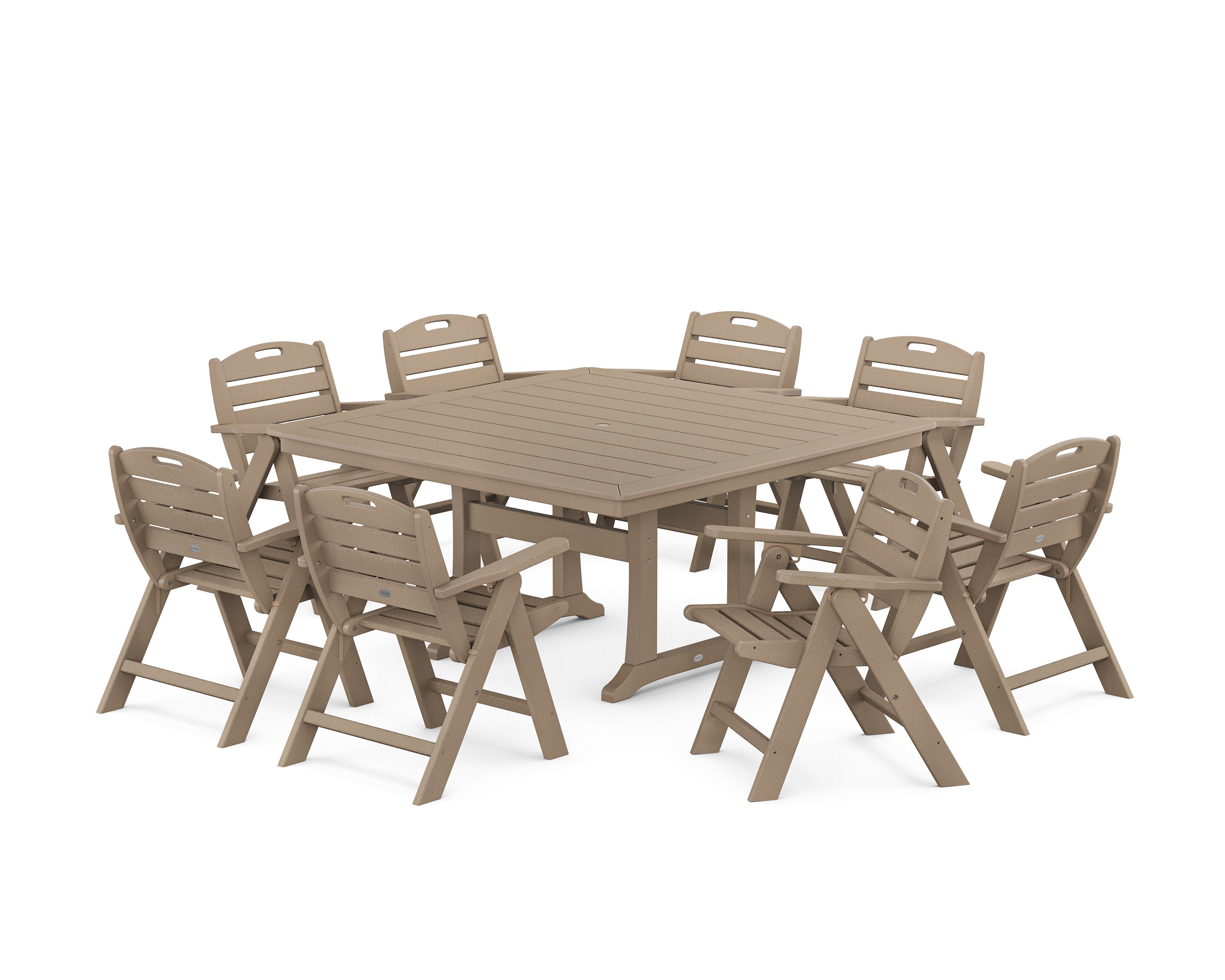 Nautical Lowback 9-Piece Square Dining Set with Trestle Legs in Vintage Sahara