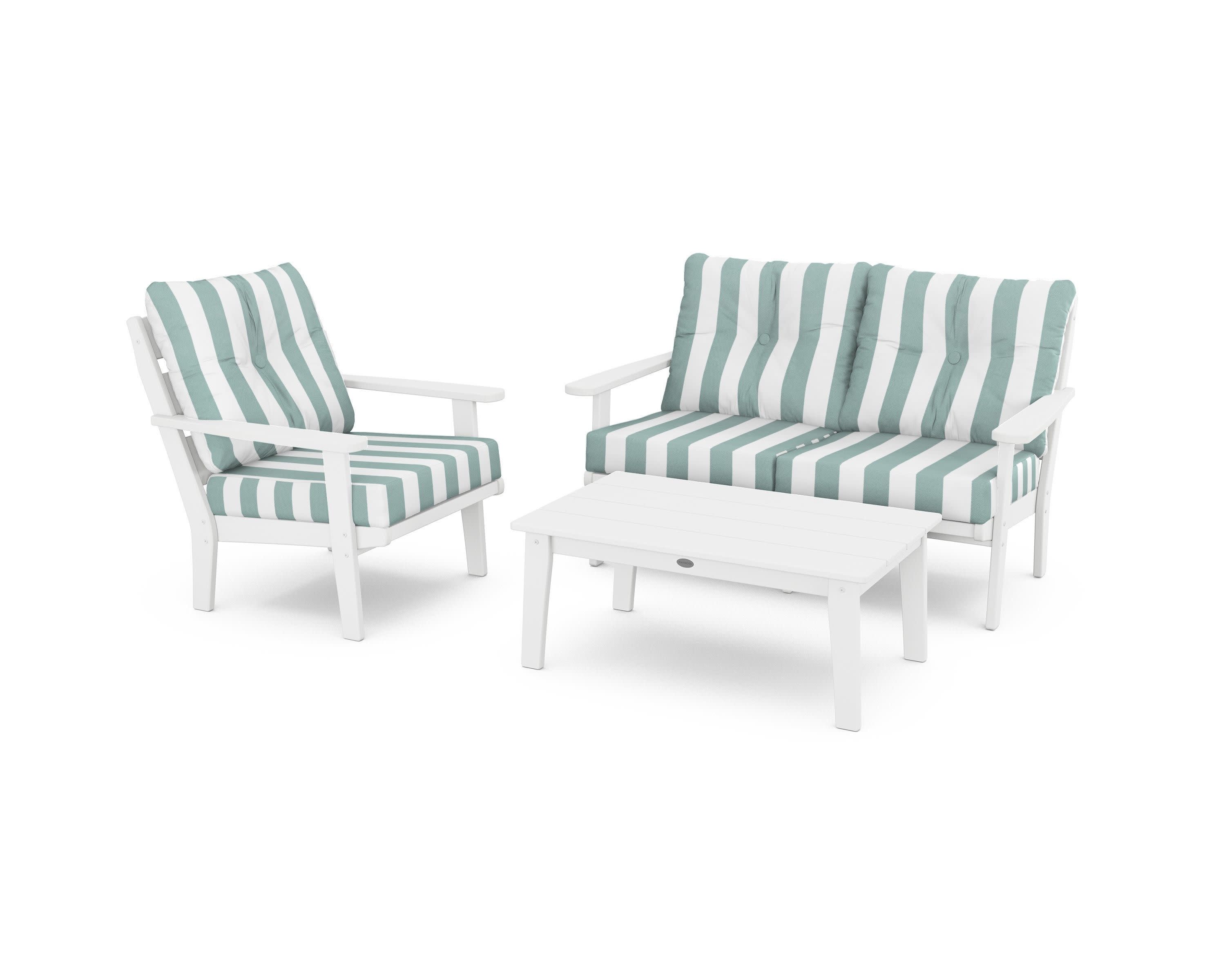 Lakeside 3-Piece Deep Seating Set in White / Cabana Stripe Glacier Spa