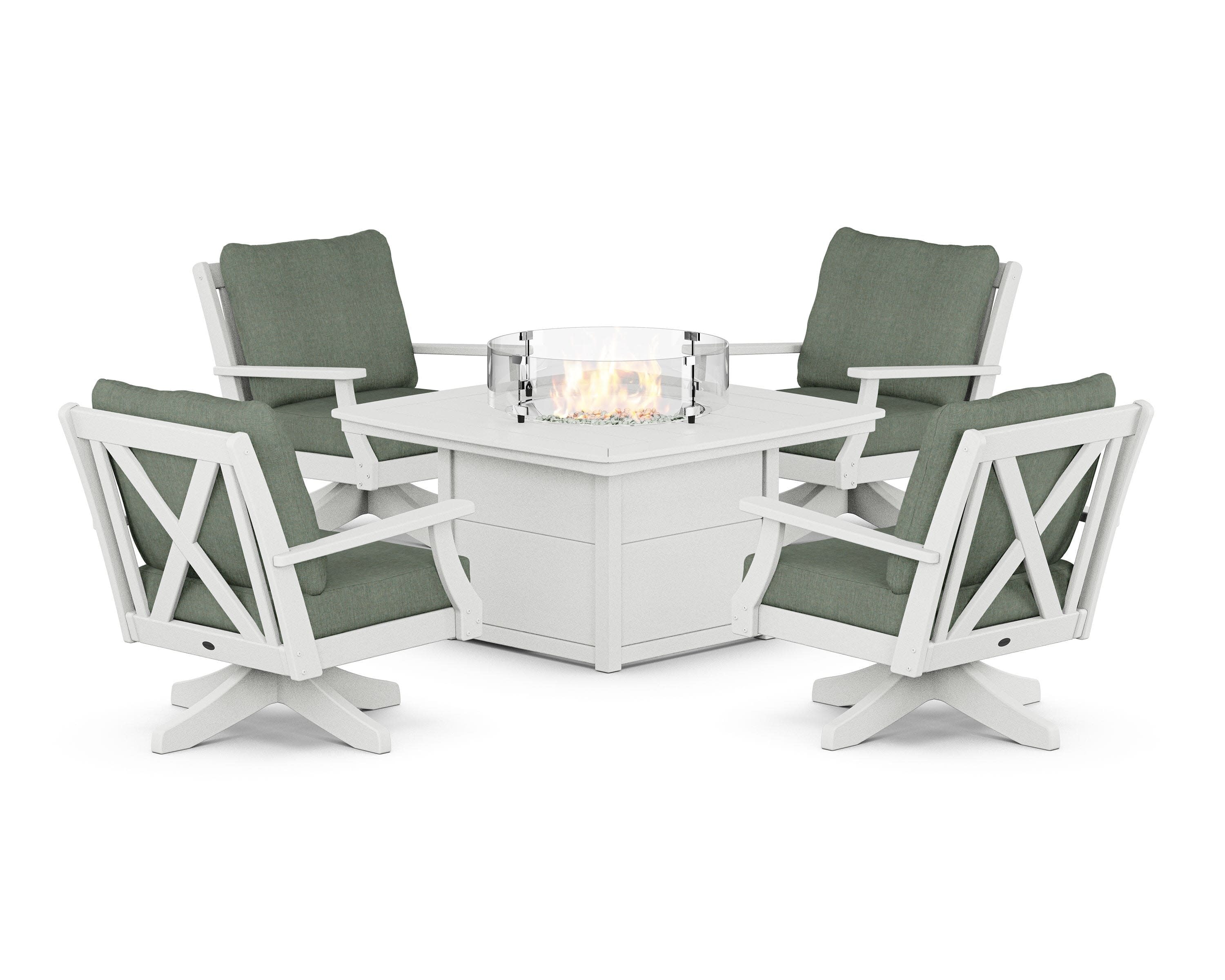 Braxton 5-Piece Deep Seating Swivel Conversation Set with Fire Pit Table in Vintage White / Cast Sage