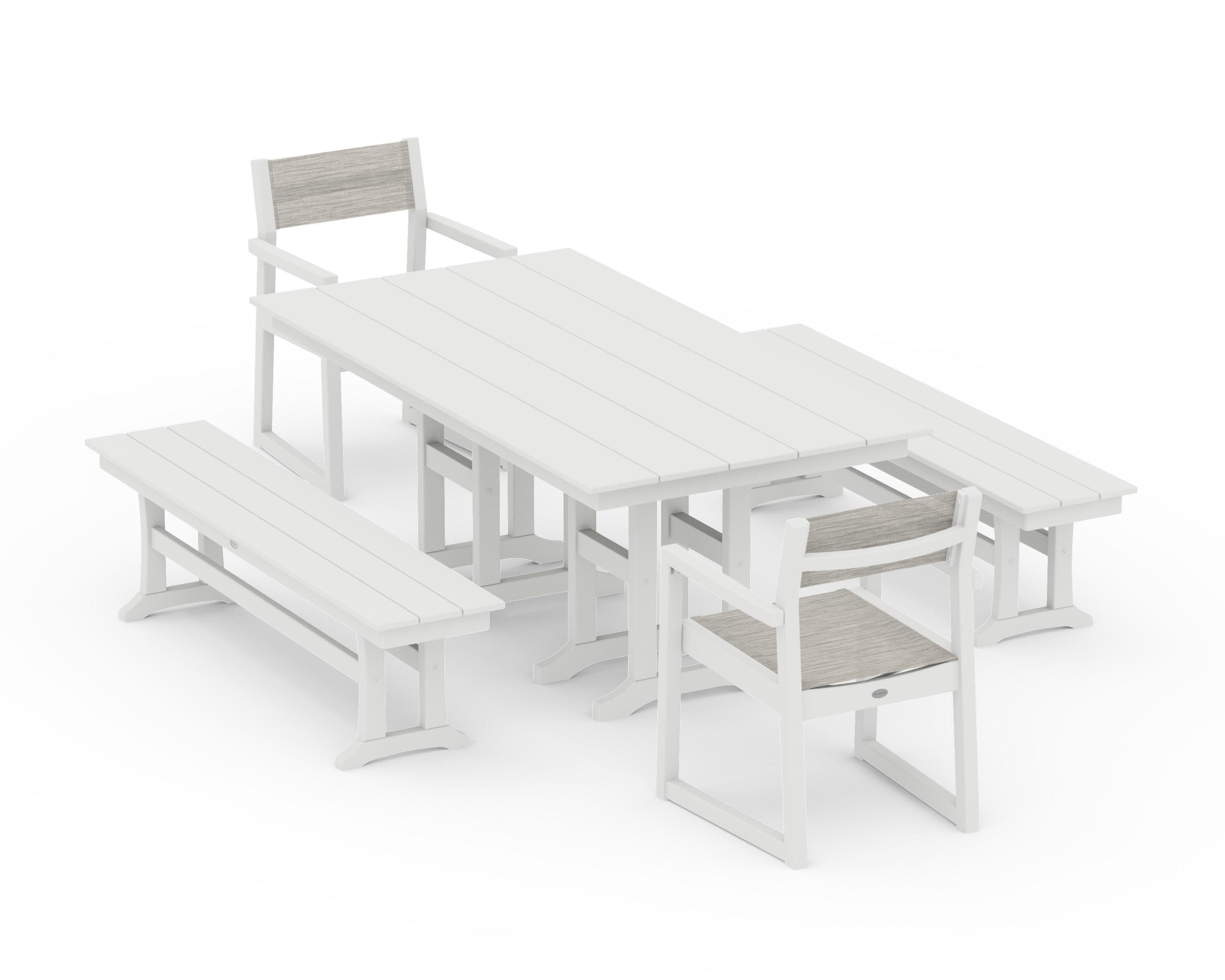 EDGE Sling Arm Chair 5-Piece Farmhouse Dining Set with Benches in Vintage White / Birch Sling