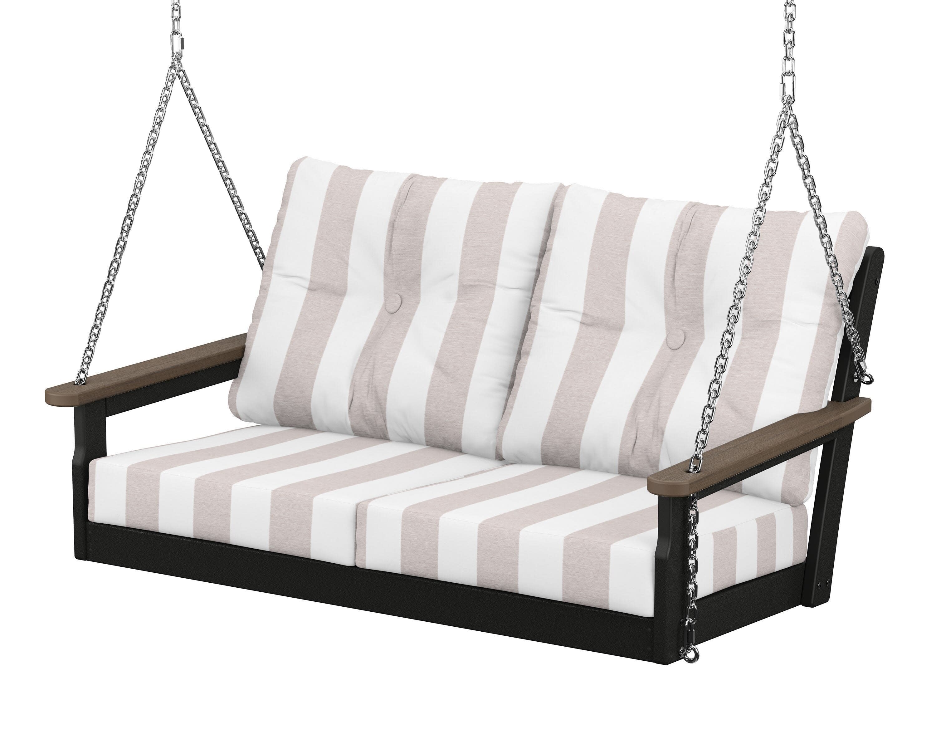 Vineyard Deep Seating Swing in Black / Kona / Cabana Stripe Dune Burlap