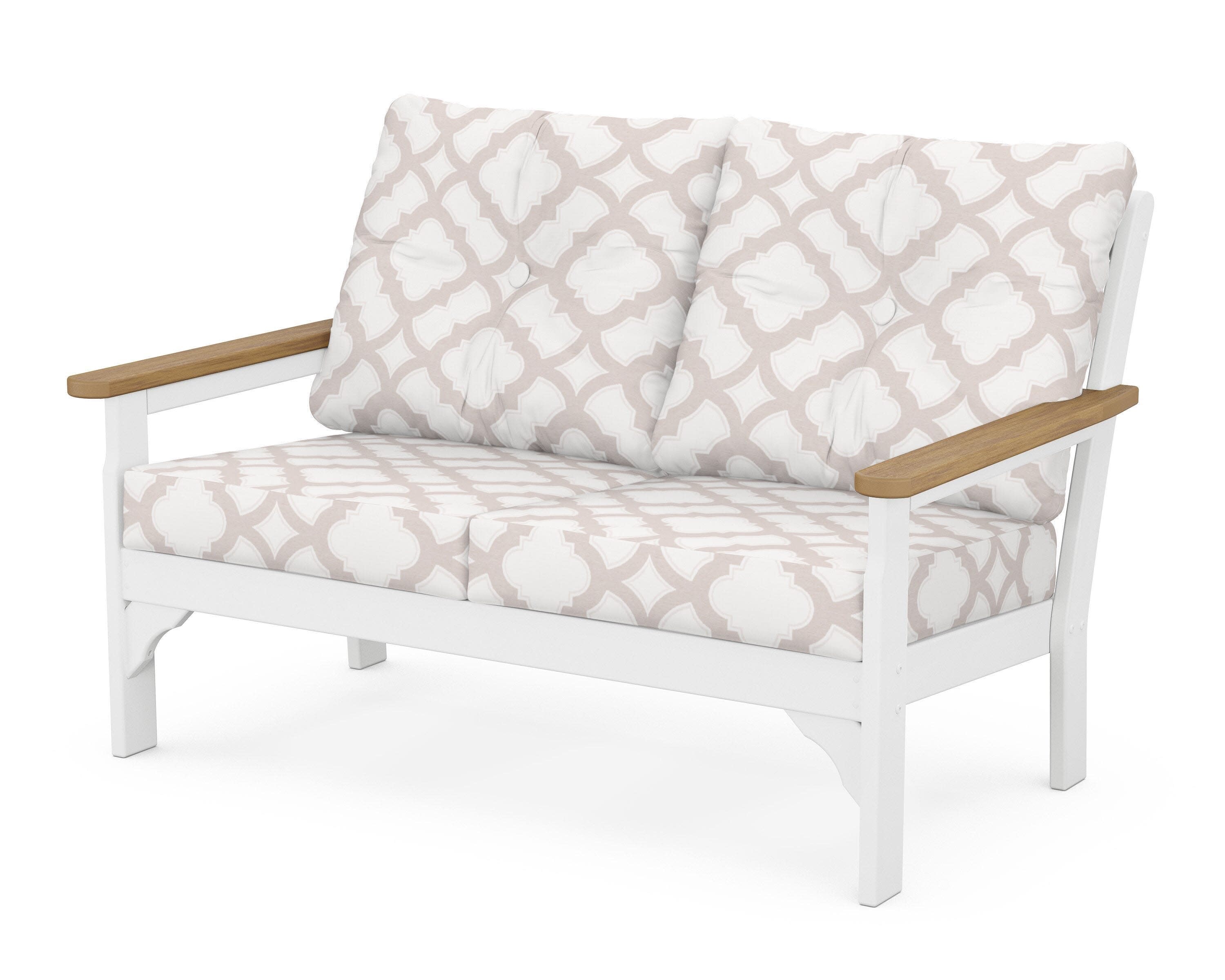 Vineyard Deep Seating Loveseat in White / Natural / Trellis Dune Burlap