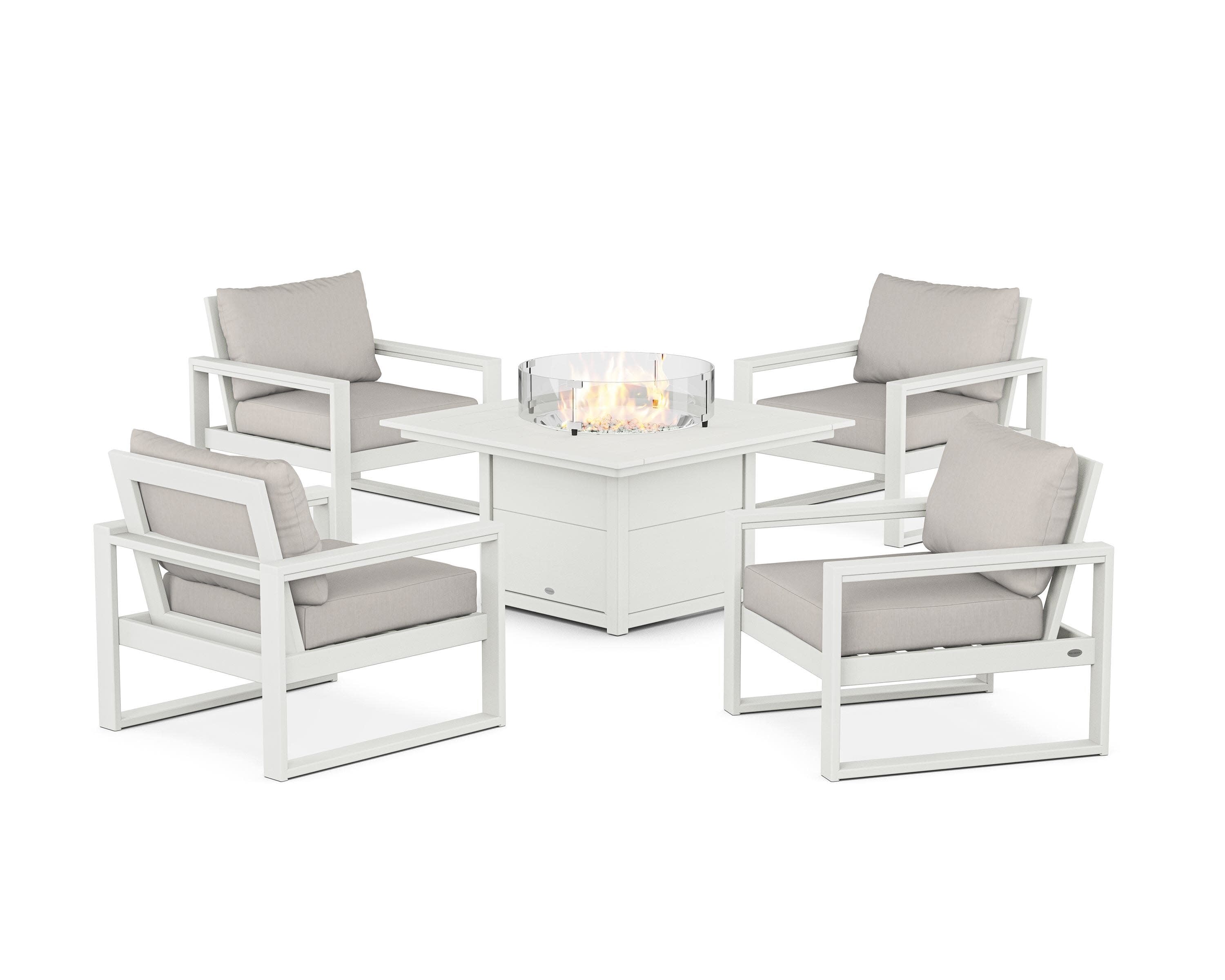 EDGE Sectional 5-Piece Deep Seating Set with Fire Pit Table in Vintage White / Cast Ash