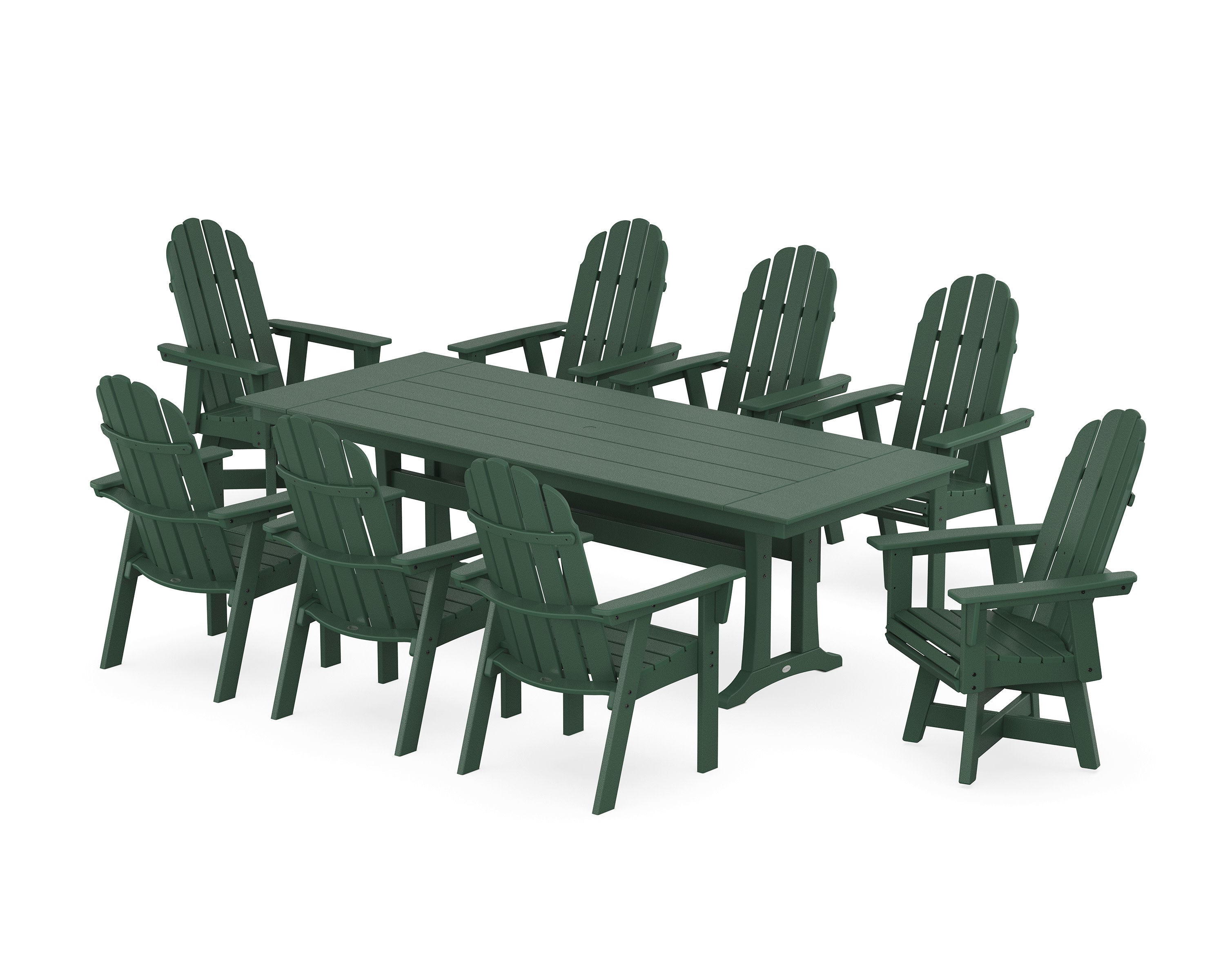 Vineyard 9-Piece Curveback Adirondack Swivel Farmhouse Dining Set with Trestle Legs in Green
