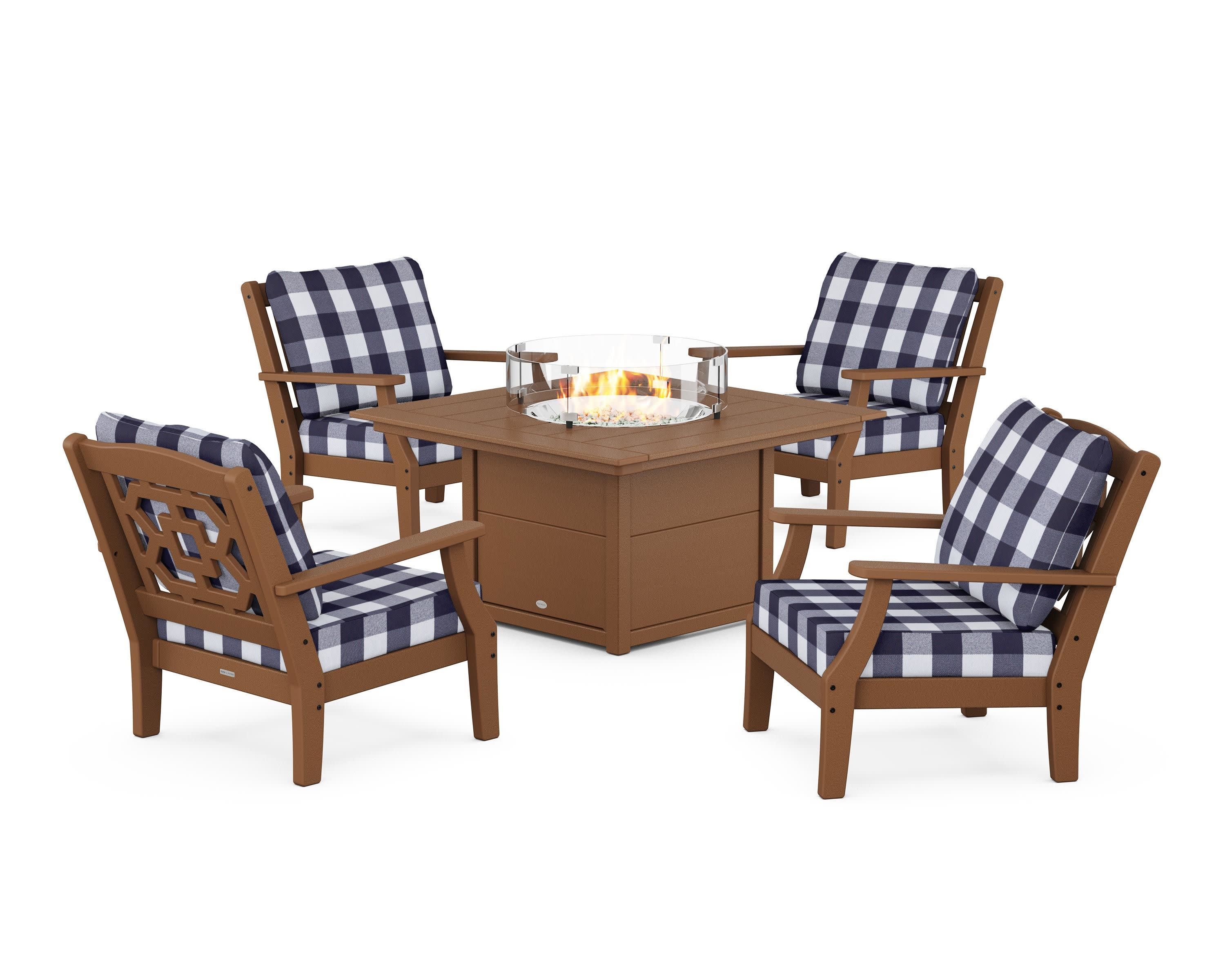 Chinoiserie 5-Piece Deep Seating Set with Fire Pit Table in Teak / Buffalo Plaid Navy