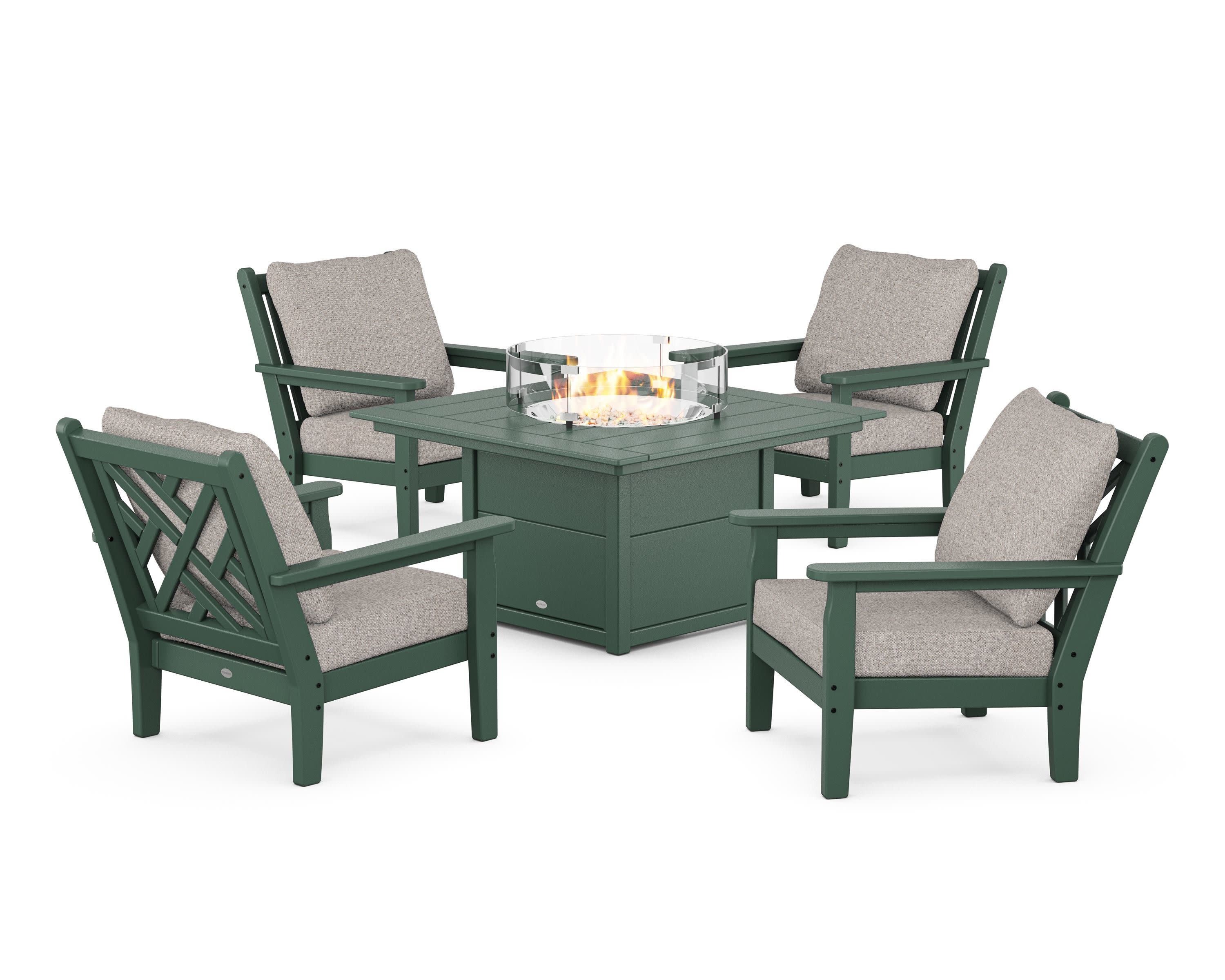 Chippendale 5-Piece Deep Seating Set with Fire Pit Table in Green / Weathered Tweed