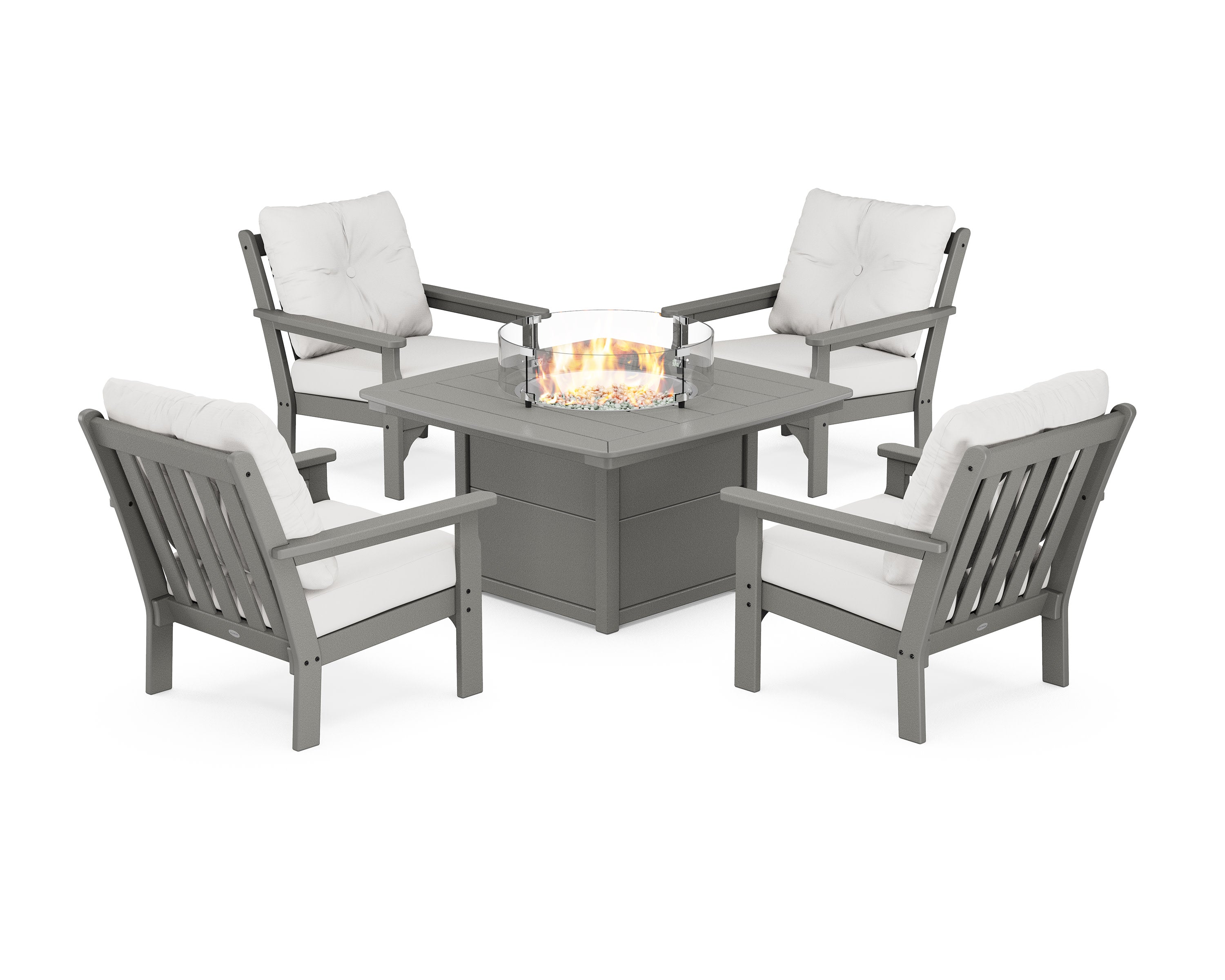 Vineyard 5-Piece Conversation Set with Fire Pit Table in Slate Grey / Natural Linen