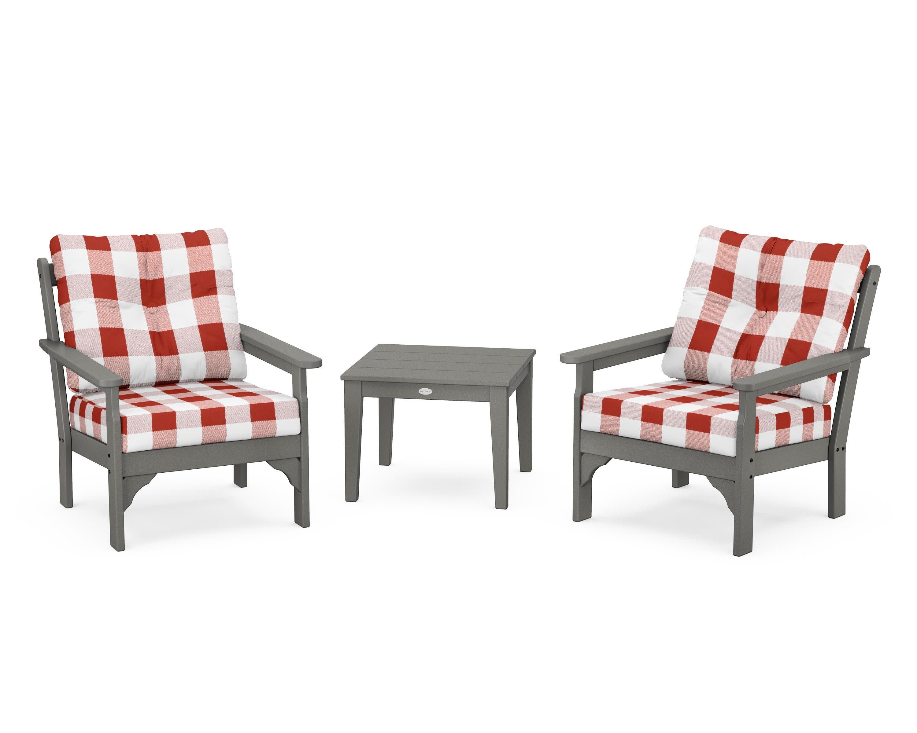 Vineyard 3-Piece Deep Seating Set in Slate Grey / Buffalo Plaid Crimson