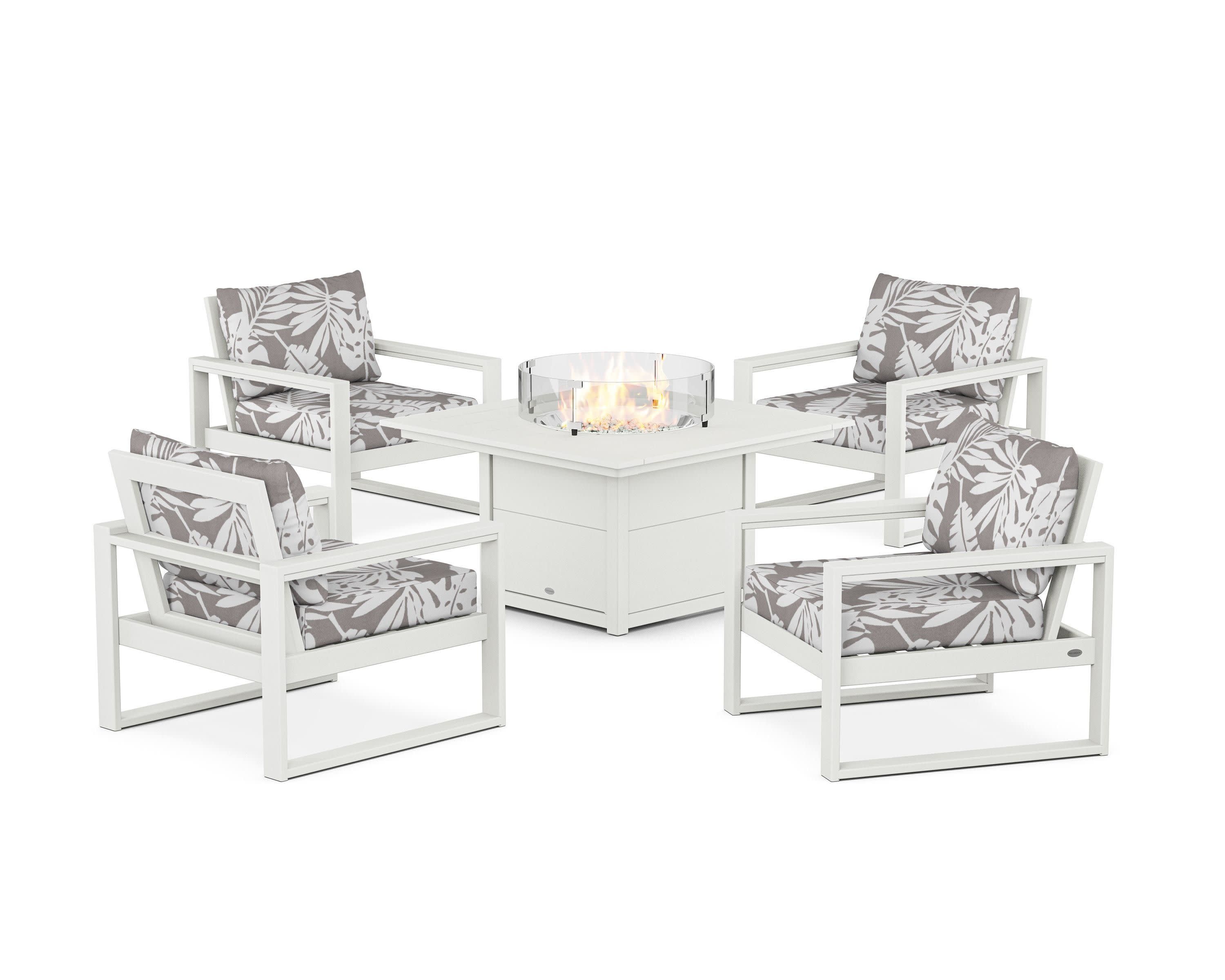 EDGE Sectional 5-Piece Deep Seating Set with Fire Pit Table in Vintage White / Leaf Grey Mist