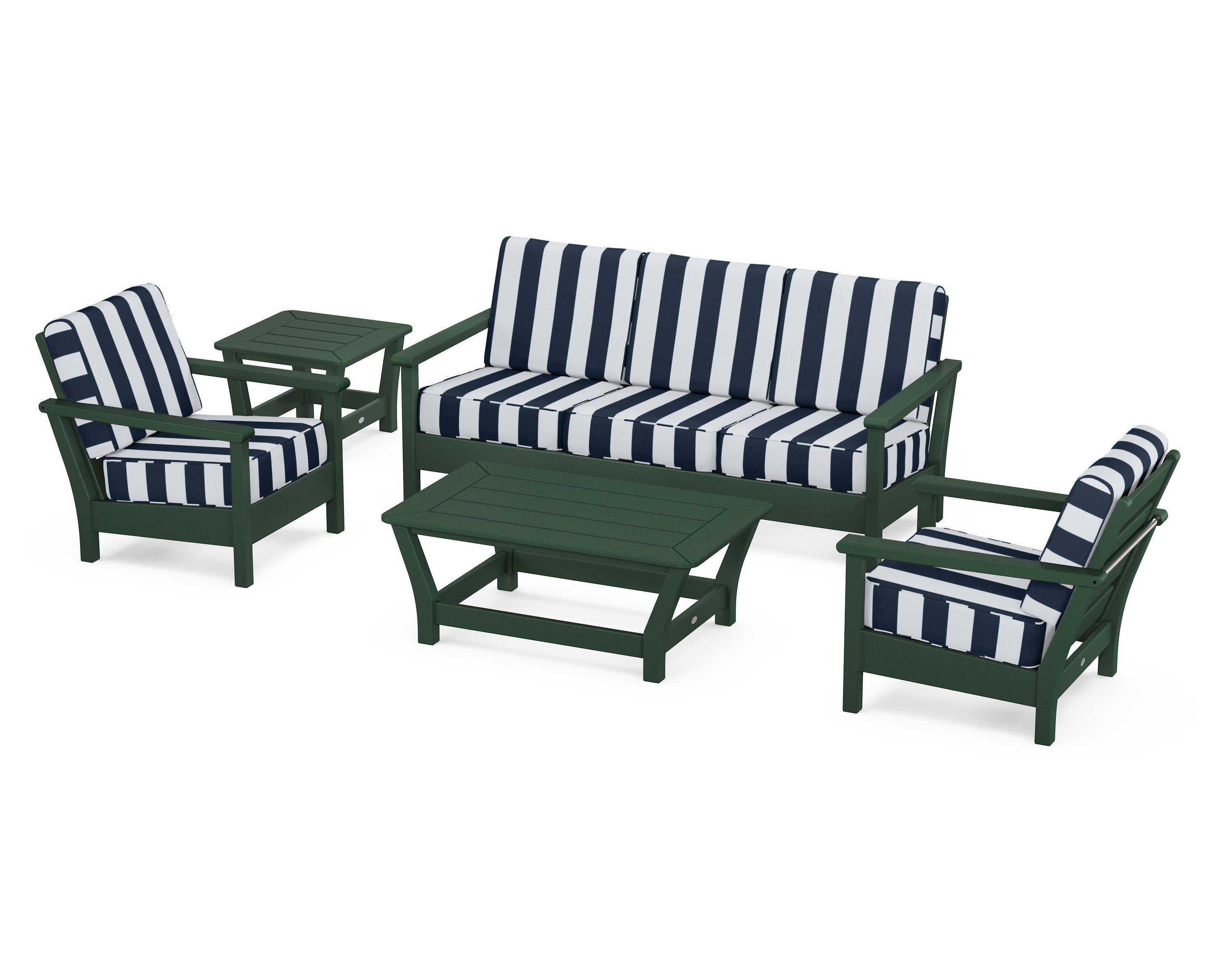 Harbour 5-Piece Deep Seating Set in Green / Cabana Stripe Marine Indigo