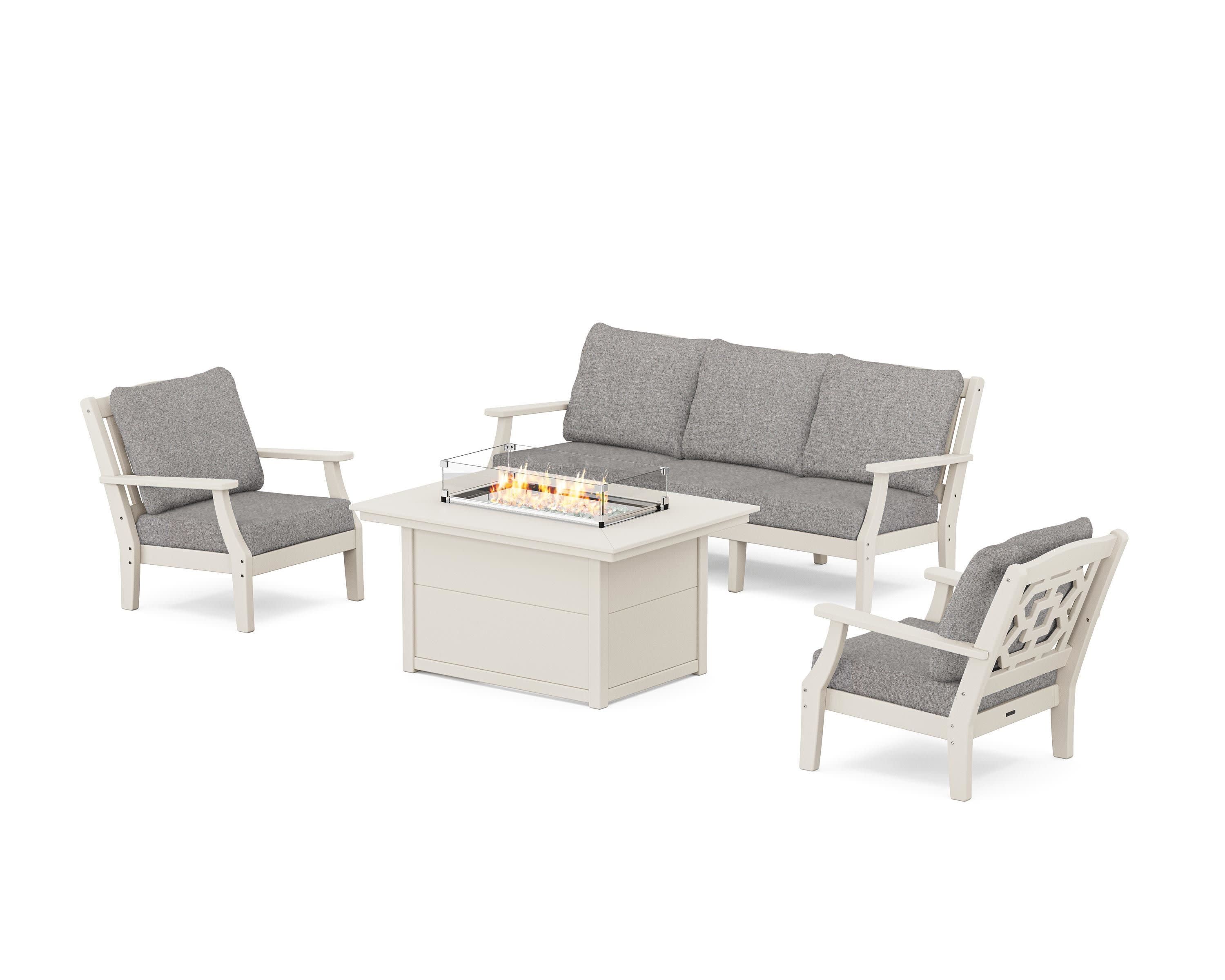 Chinoiserie Deep Seating Fire Pit Table Set in Sand / Grey Mist