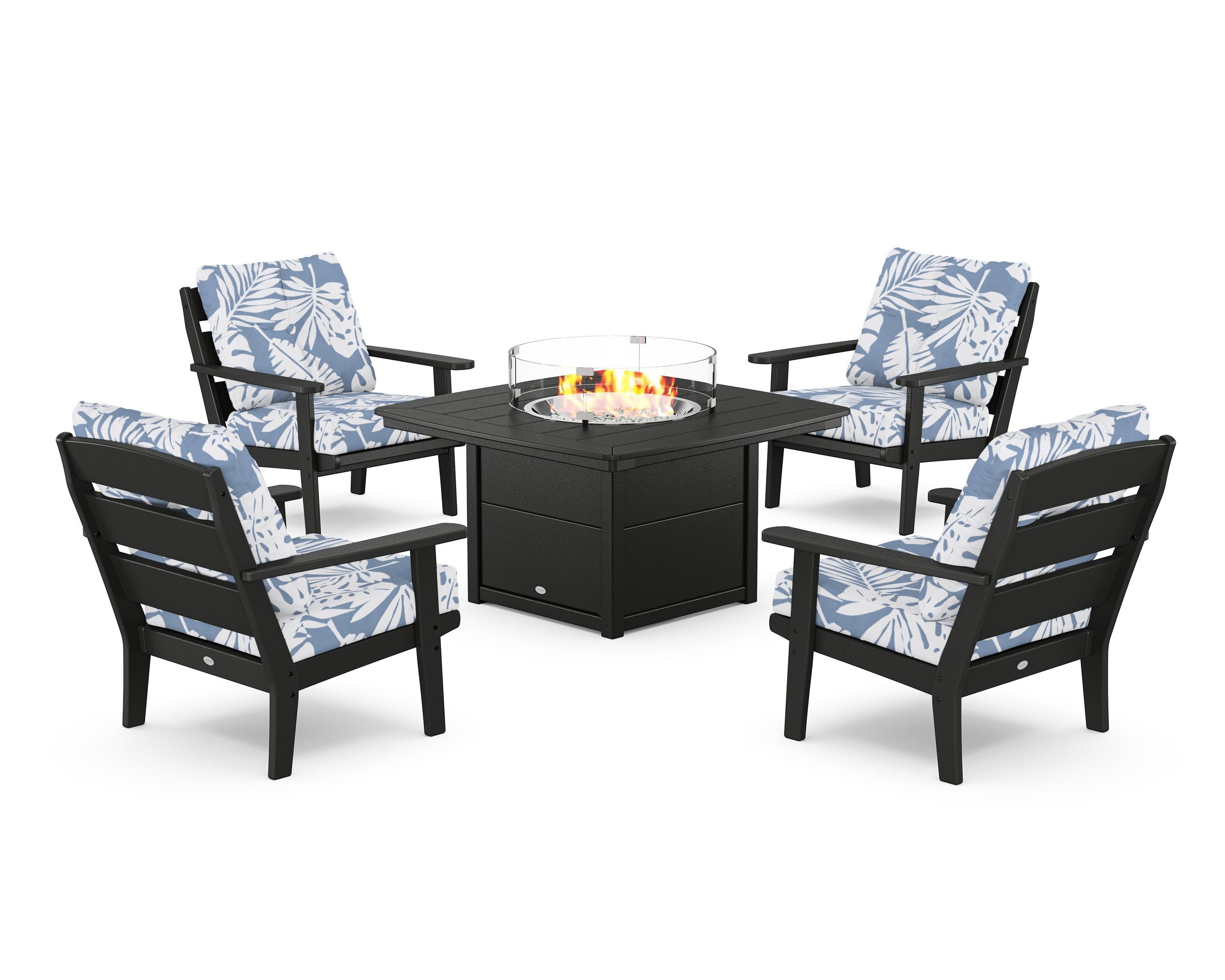 Lakeside 5-Piece Deep Seating Set with Nautical Fire Pit Table in Black / Leaf Sky Blue