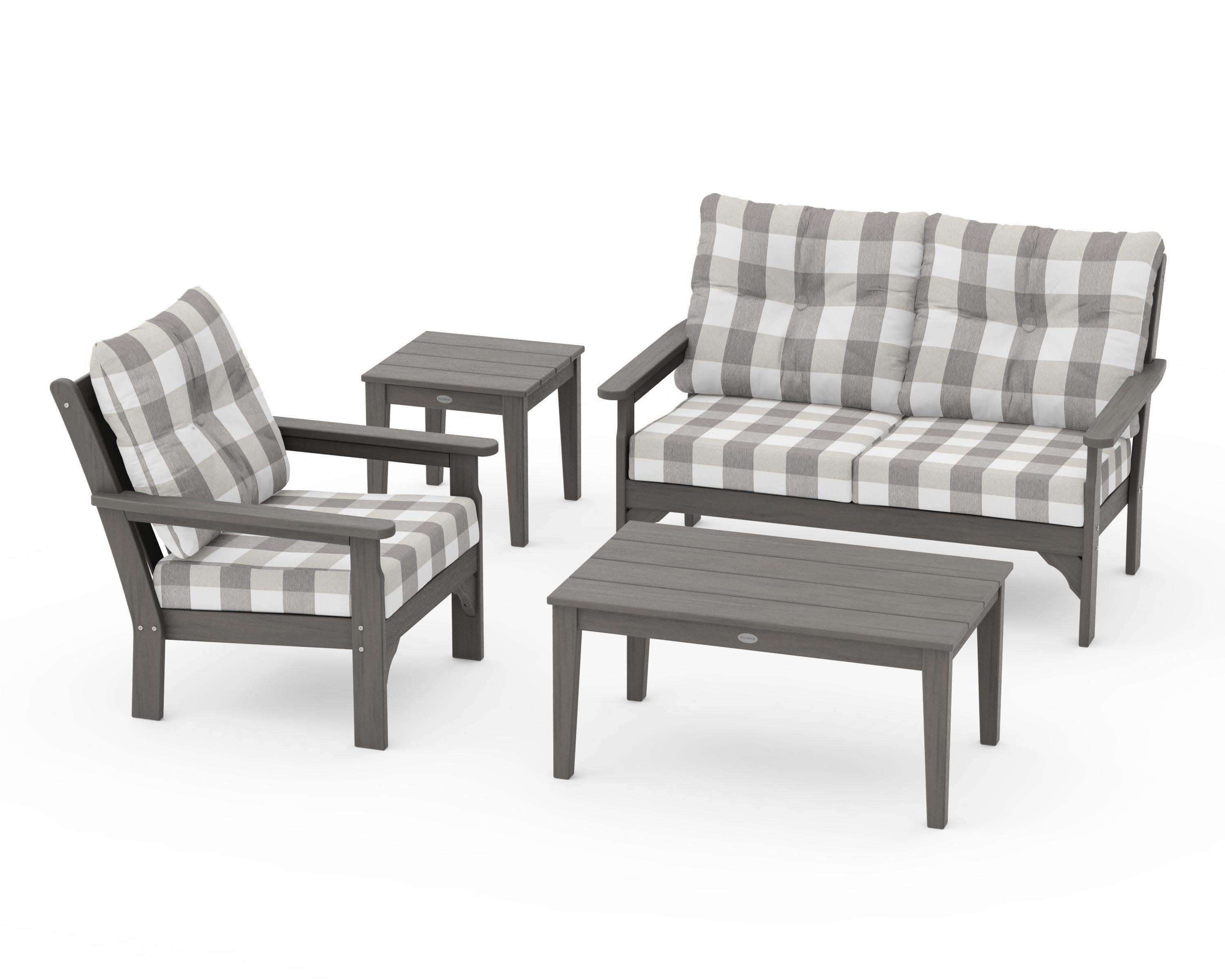 Vineyard 4-Piece Deep Seating Set in Driftwood / Buffalo Plaid Grey Mist