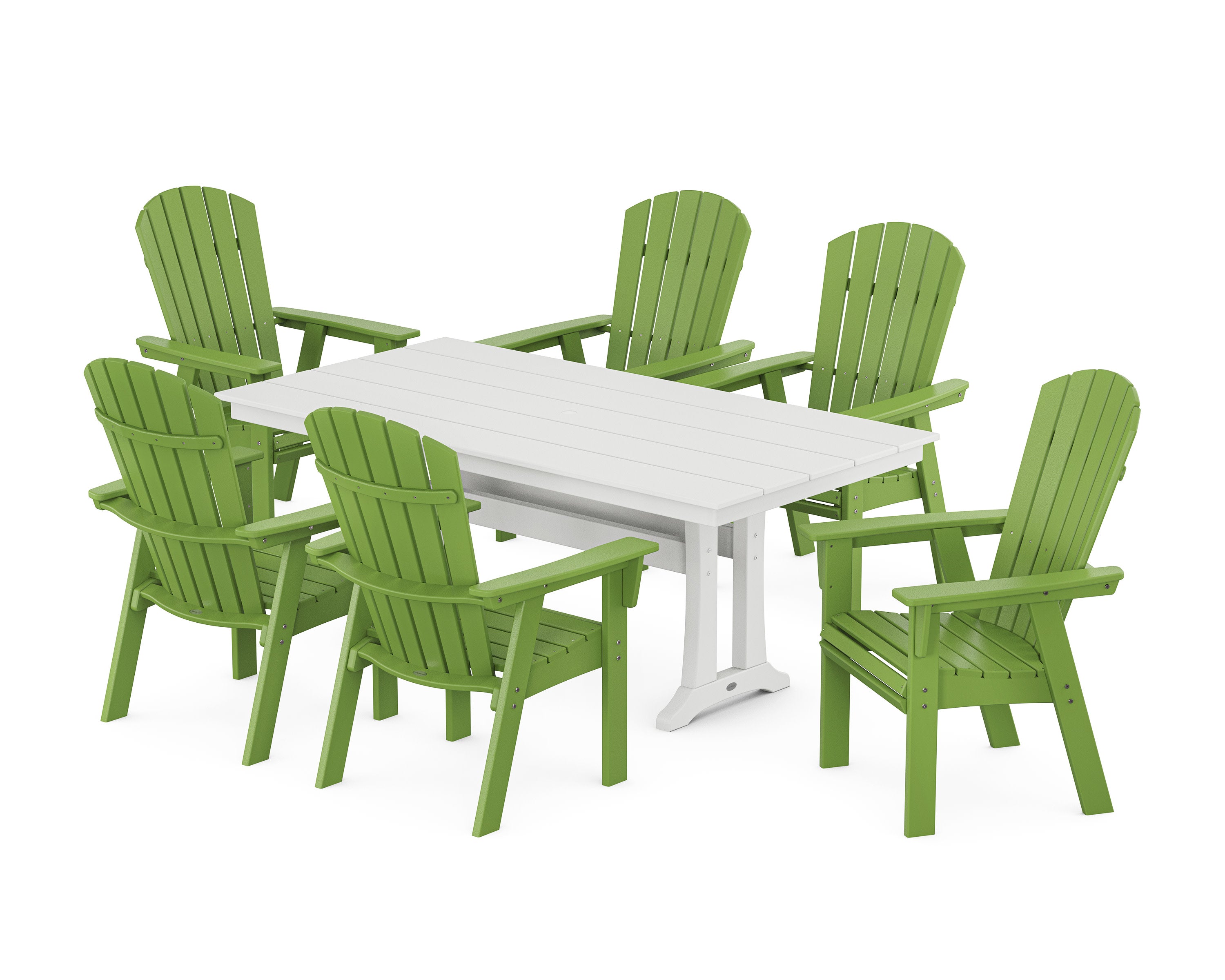 Nautical Curveback Adirondack 7-Piece Farmhouse Dining Set with Trestle Legs in Lime / White