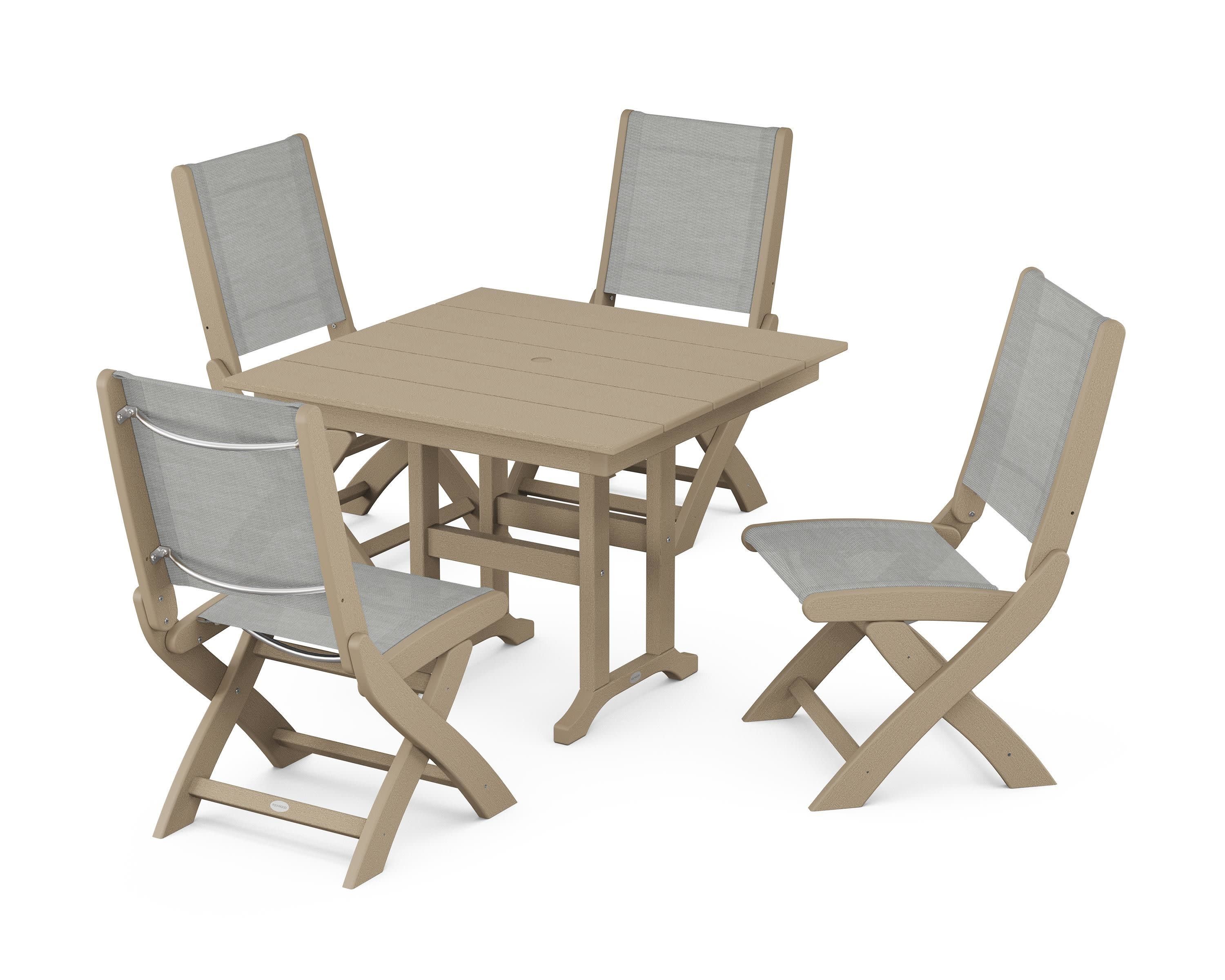 Coastal Folding Side Chair 5-Piece Farmhouse Dining Set in Vintage Sahara / Metallic Sling