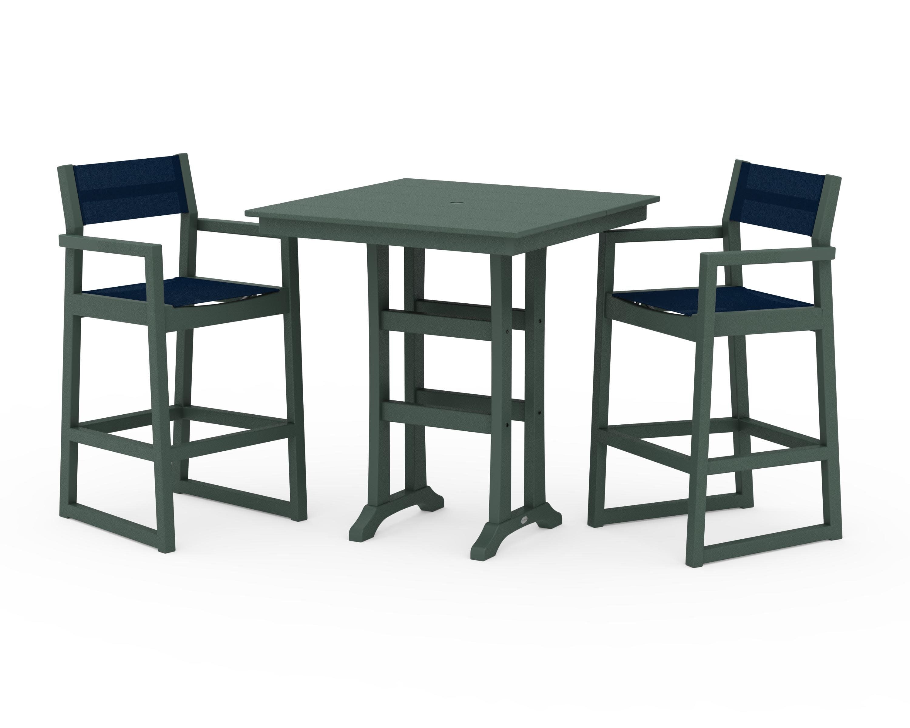 EDGE Sling Arm Chair 3-Piece Farmhouse Bar Set with Trestle Legs in Green / Navy Blue Sling