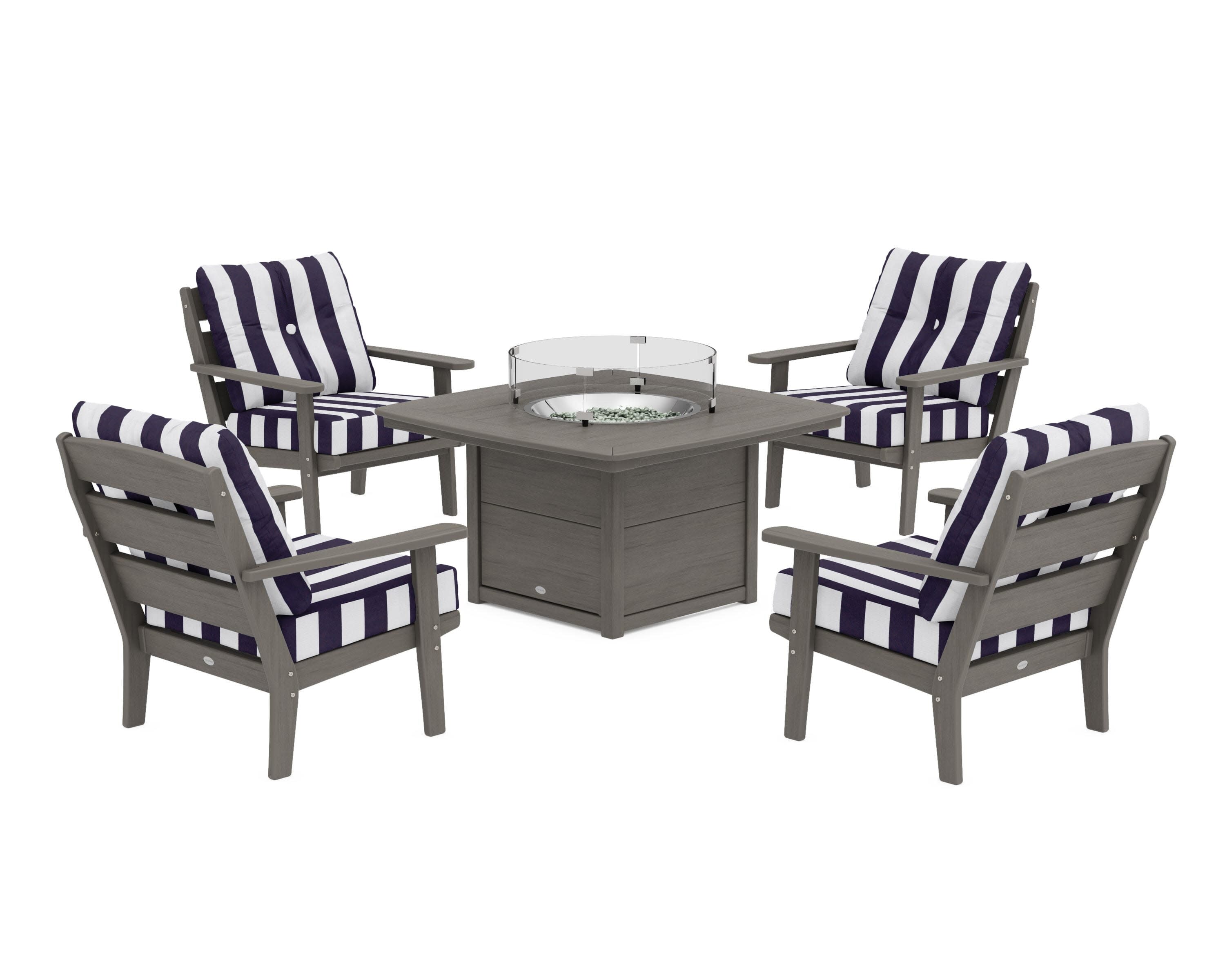 Lakeside 5-Piece Deep Seating Set with Nautical Fire Pit Table in Driftwood / Cabana Stripe Navy