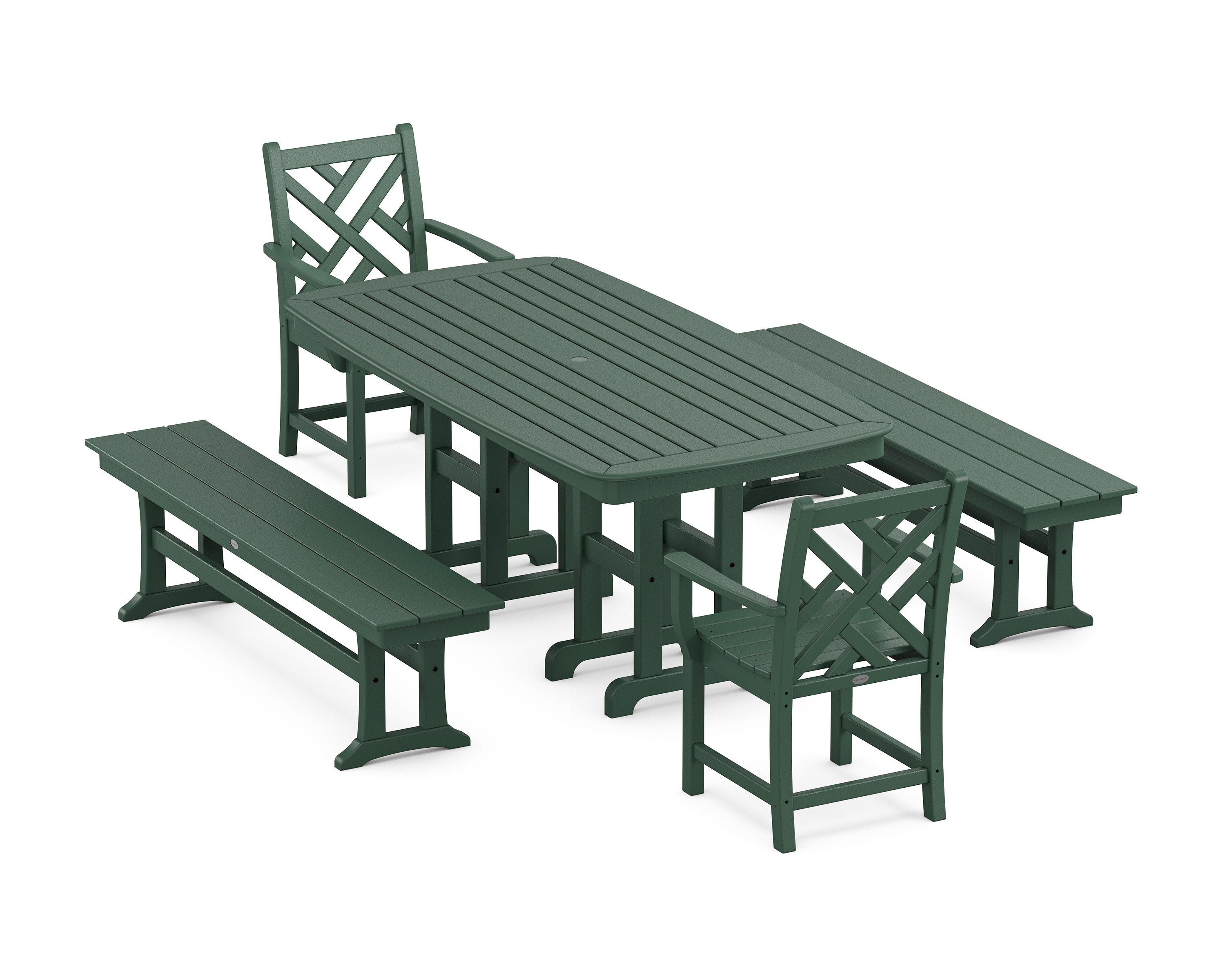 Chippendale 5-Piece Dining Set with Benches in Green
