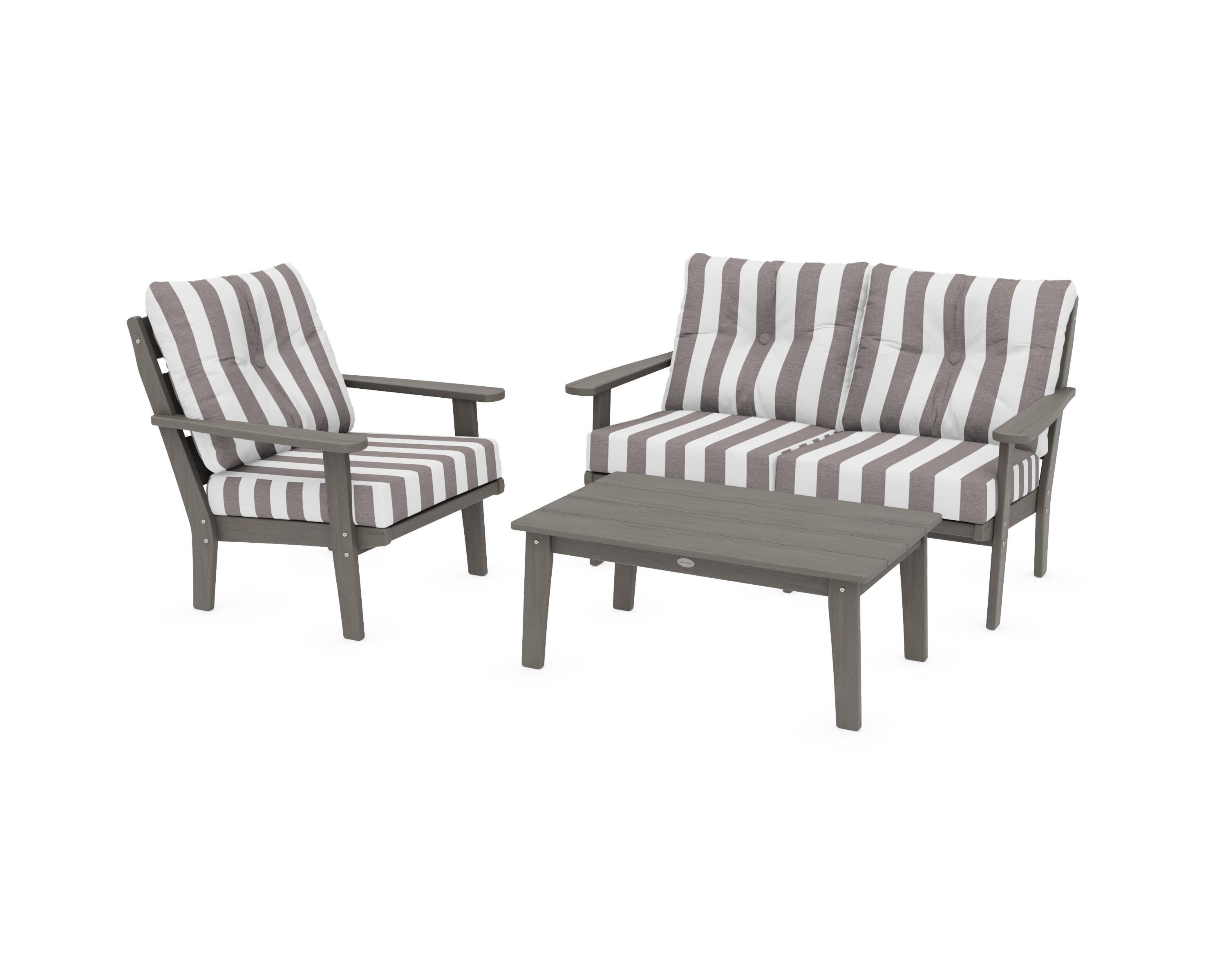 Lakeside 3-Piece Deep Seating Set in Driftwood / Cabana Stripe Grey Mist