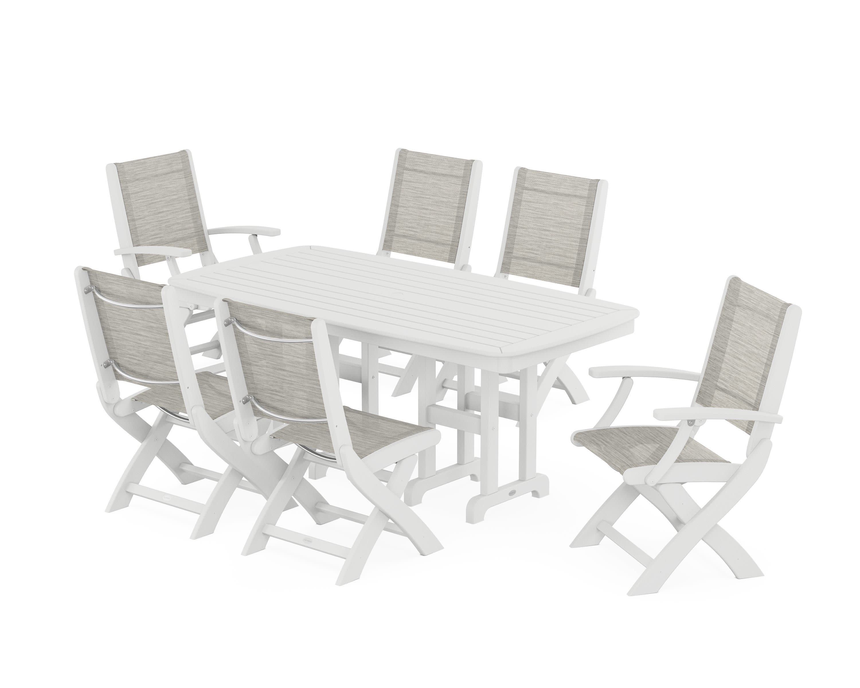 Coastal Folding Chair 7-Piece Dining Set in White / Birch Sling