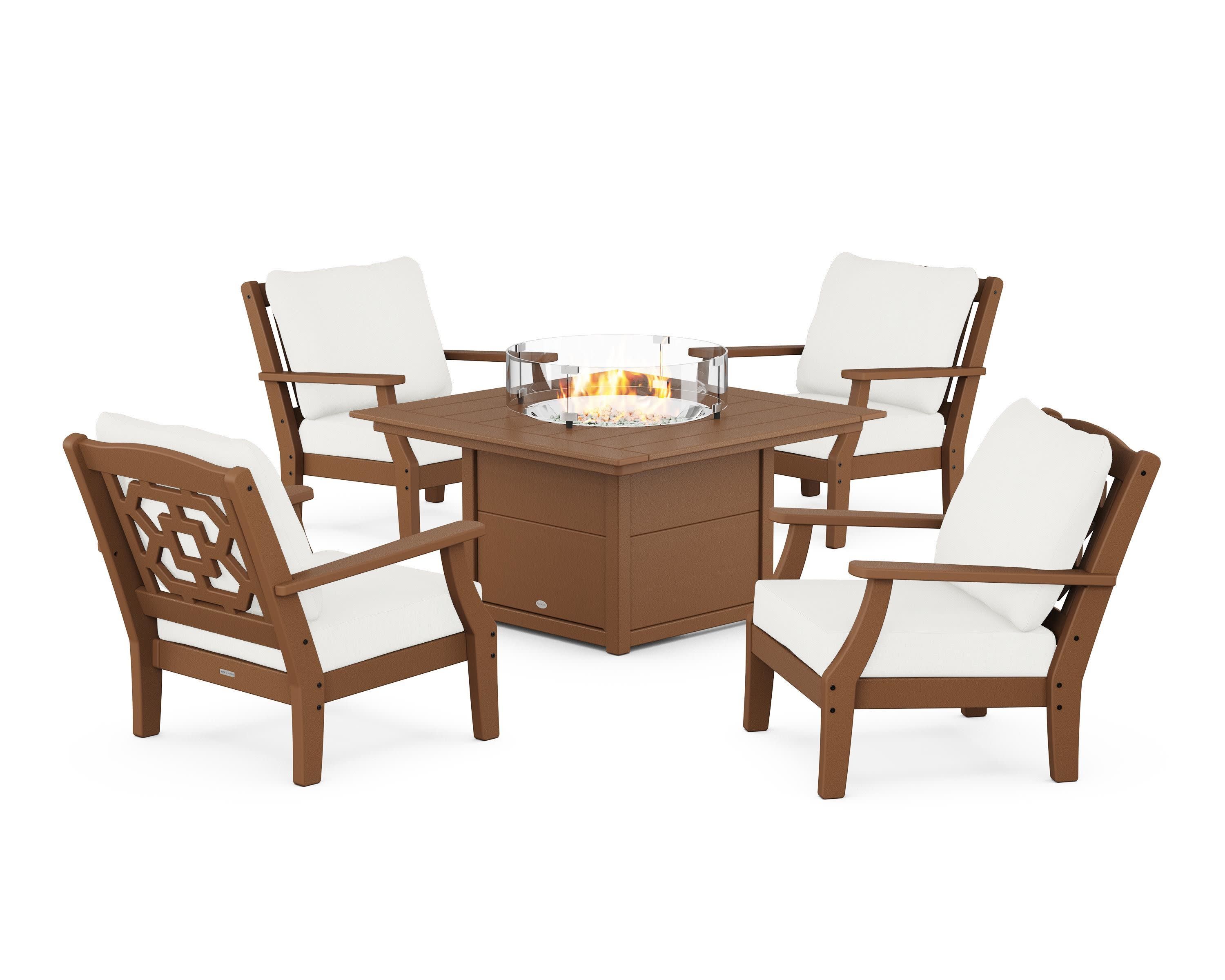 Chinoiserie 5-Piece Deep Seating Set with Fire Pit Table in Teak / Natural Linen